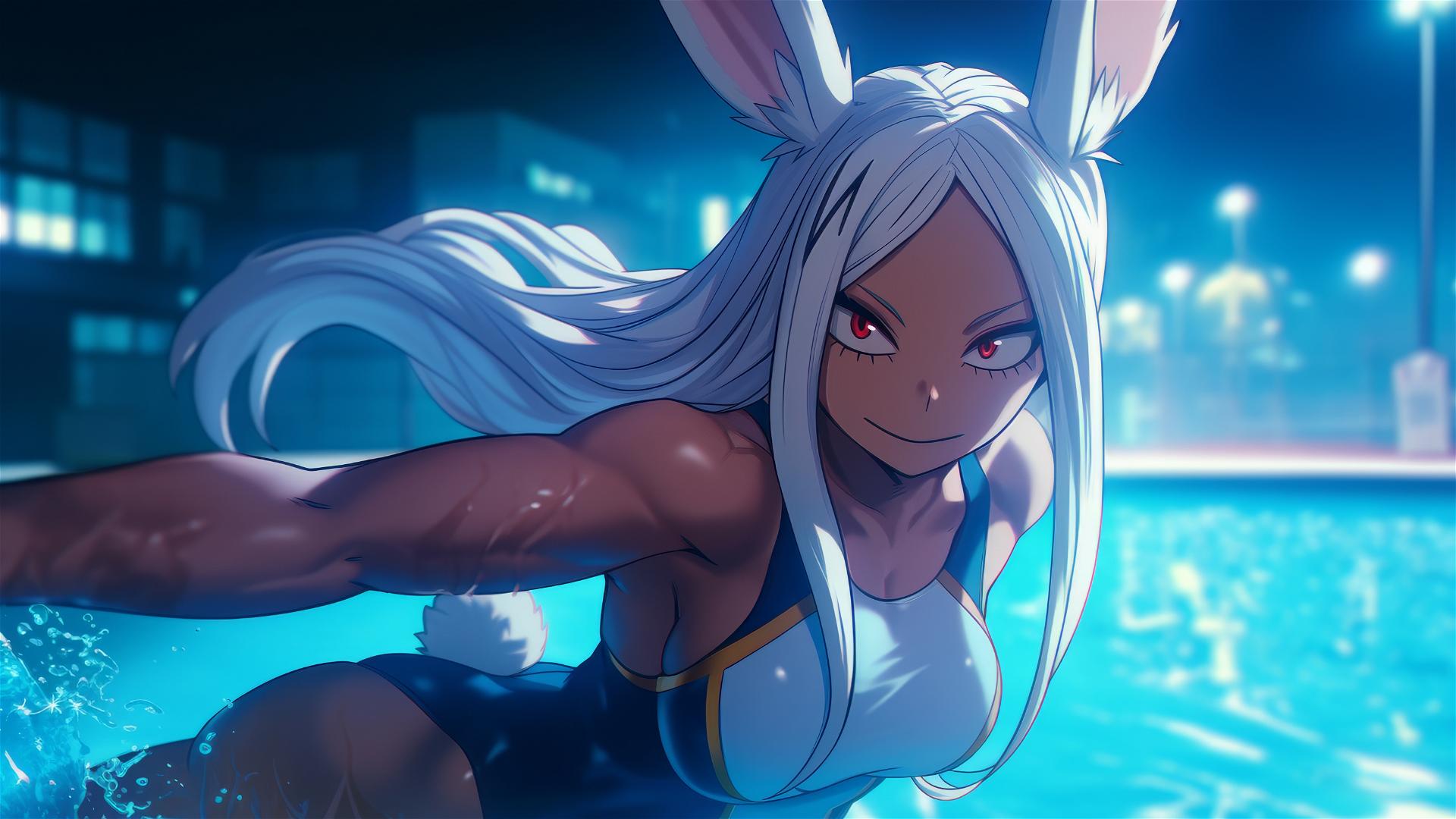 Mirko from My Hero Academia, muscular tan-skinned figure in moonlight