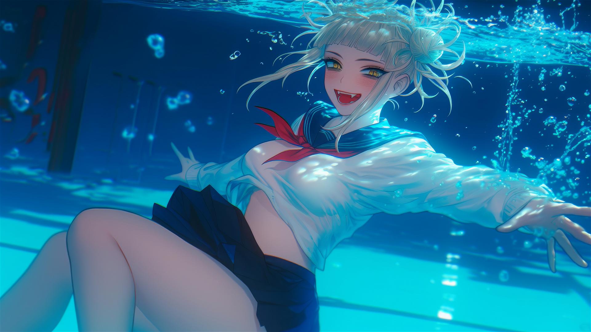 Himiko Toga leaping from a pool under moonlight, her feline features highlighted