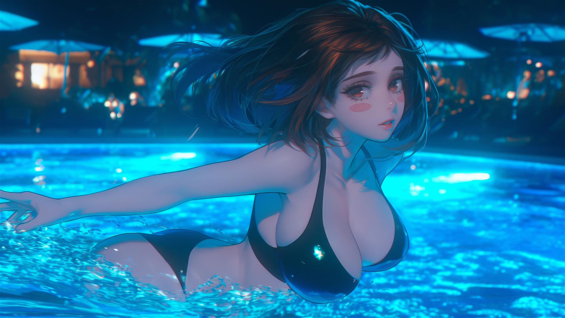 Ochaco Uraraka from My Hero Academia jumping out of a swimming pool under moonlight.