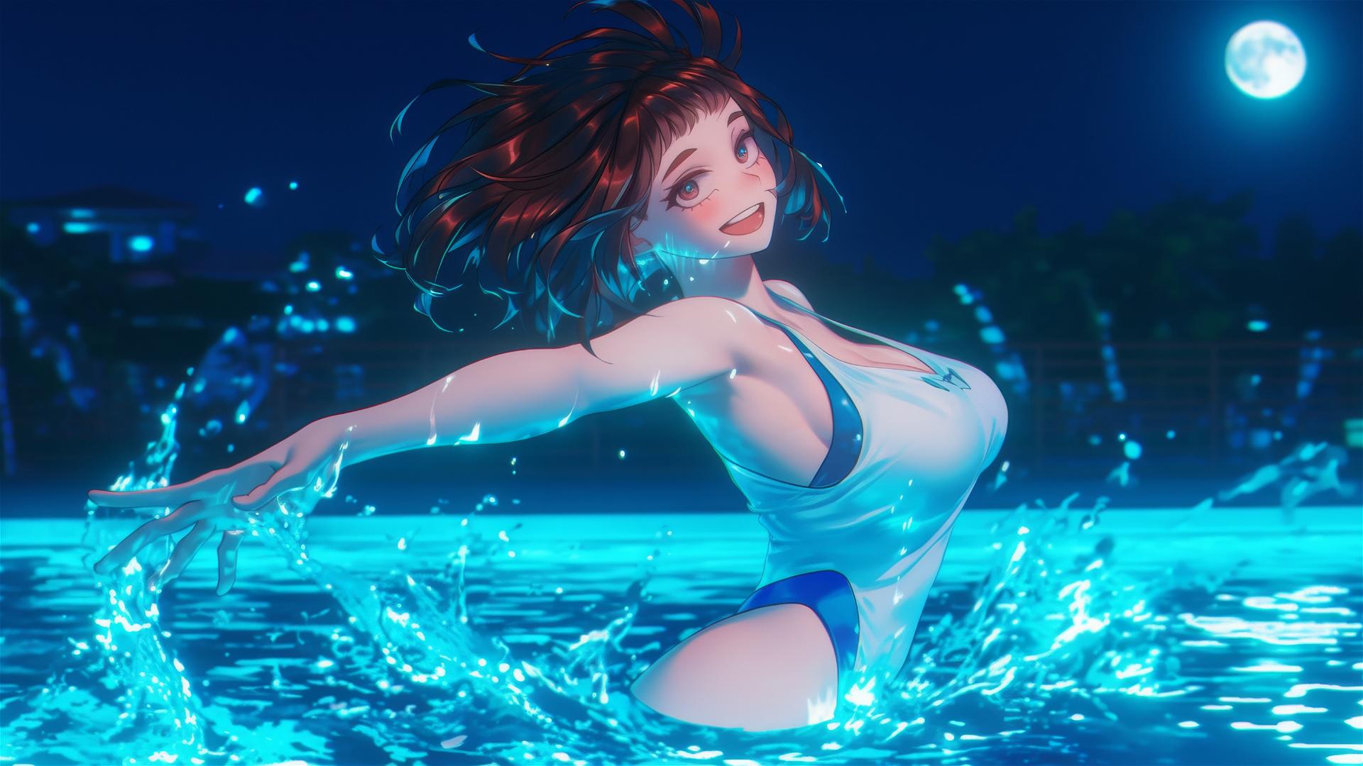 Ochaco Uraraka from My Hero Academia jumping out of a moonlit swimming pool with auburn hair and eyes.