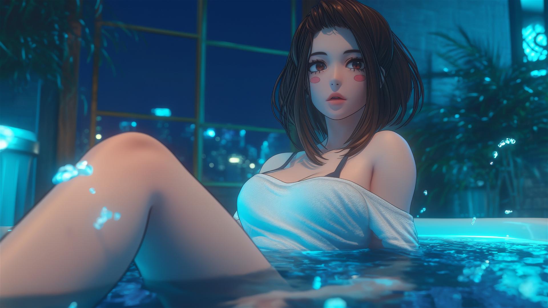 Ochaco Uraraka resting in tub, warm light on auburn hair and pink cheeks