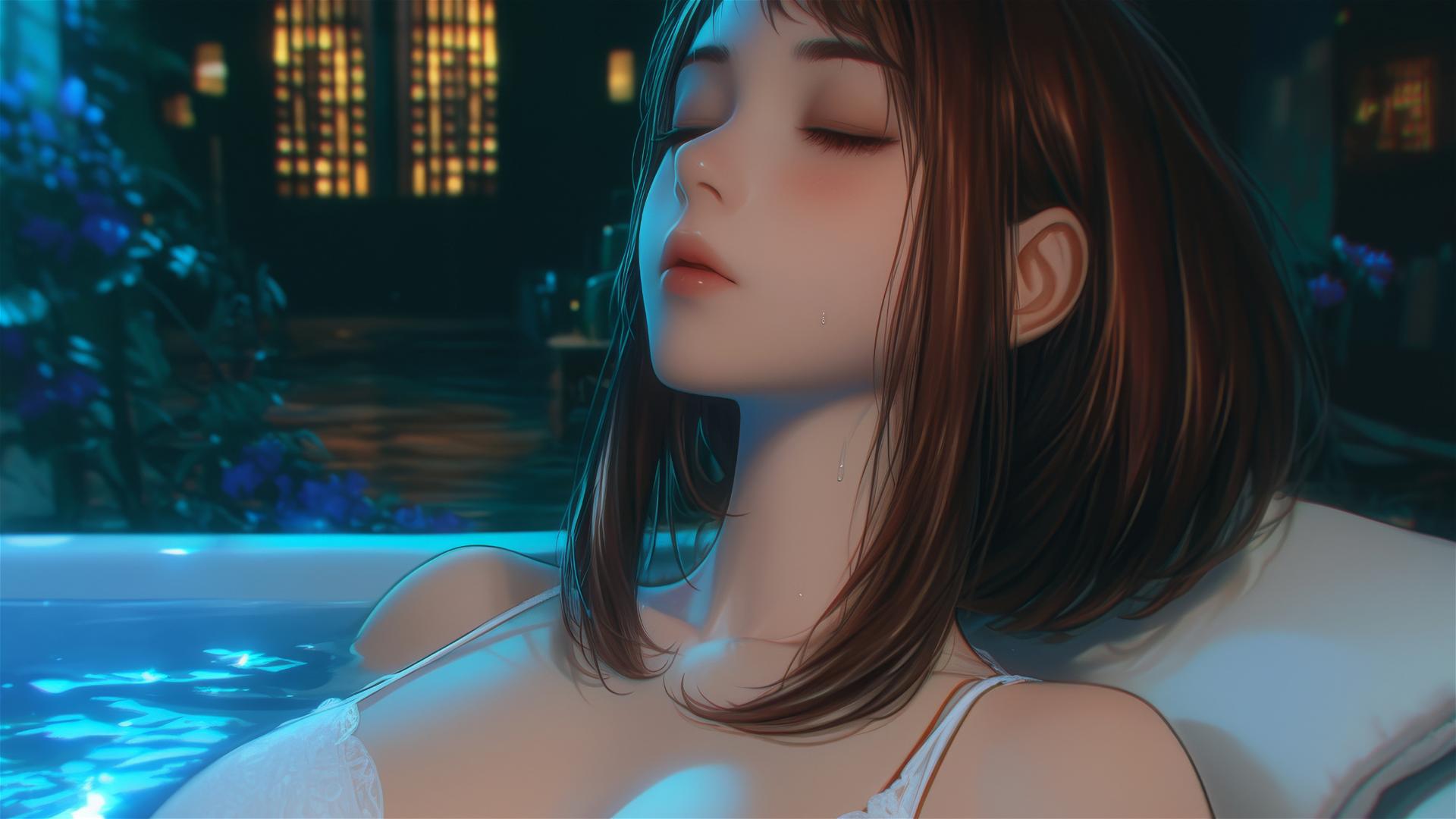 Ochaco Uraraka from My Hero Academia resting in a tub with warm light.