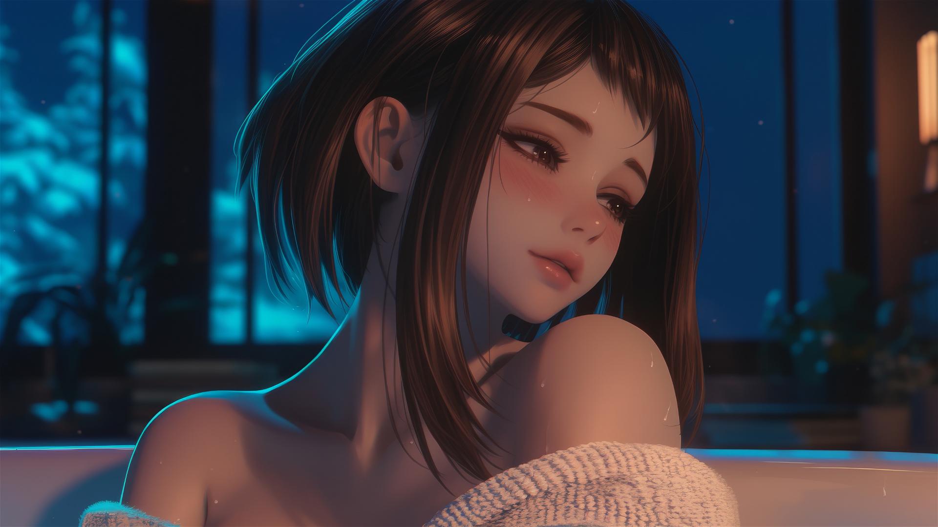 Ochaco Uraraka resting in a tub with warm light, auburn hair and eyes, pink blush marks