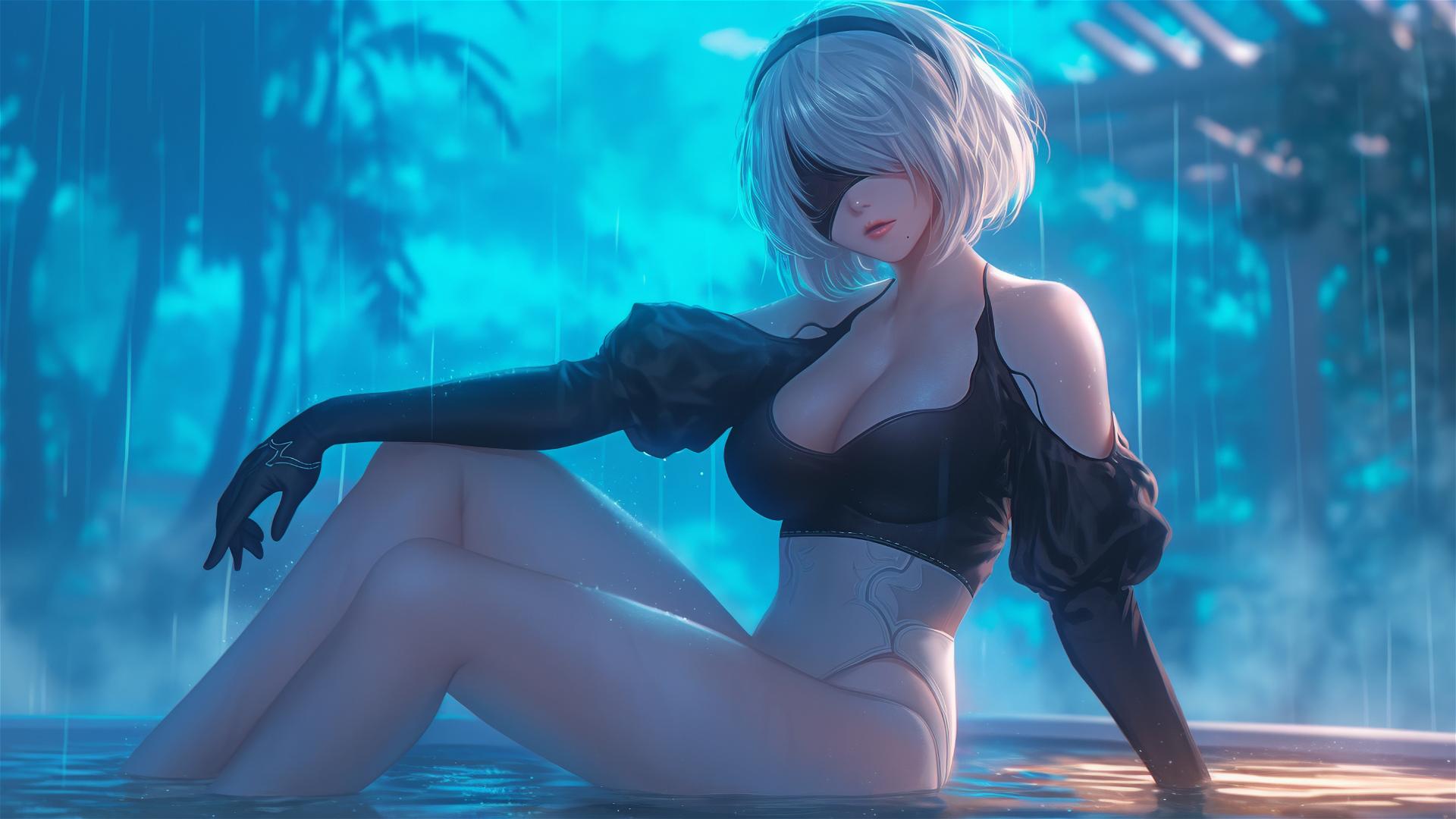 2B from Nier sitting by a rainy swimming pool under moonlight