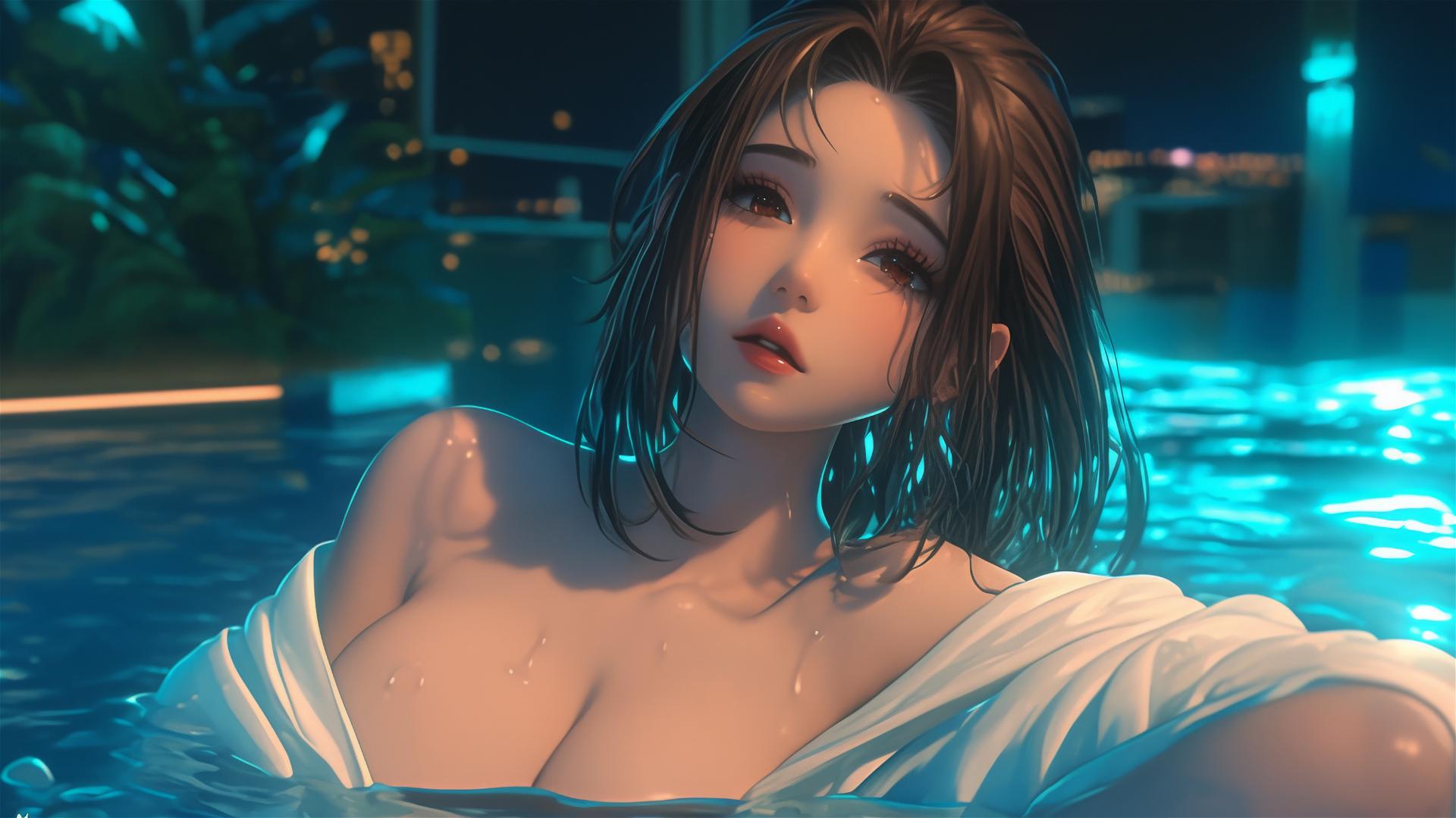 Ochaco Uraraka with auburn hair and eyes resting in a tub with soft warm light