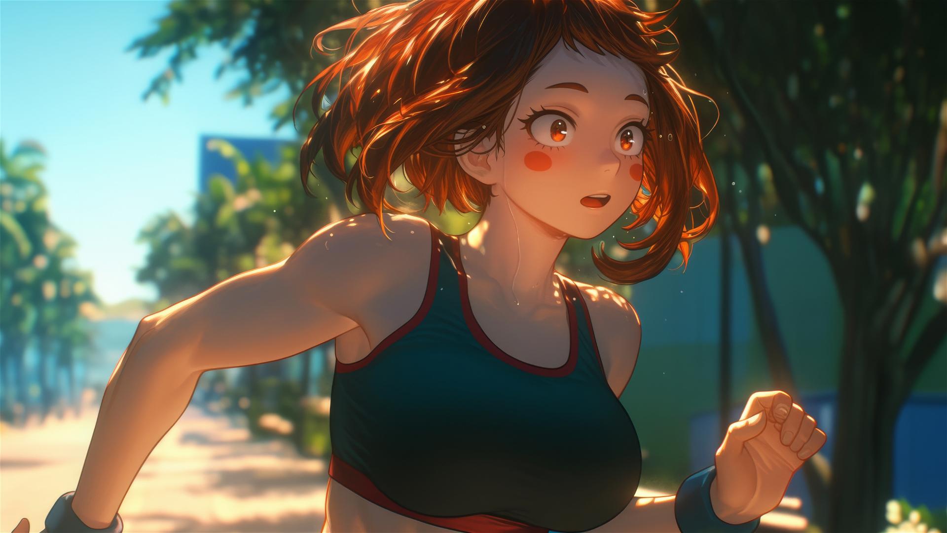 Ochaco Uraraka running in a modern park at sunrise, warm light, auburn hair