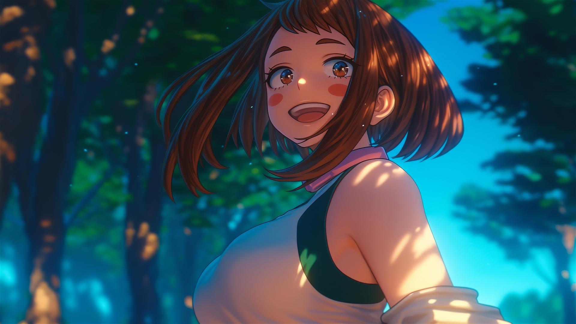 Ochaco Uraraka running in a modern park at sunrise with warm light