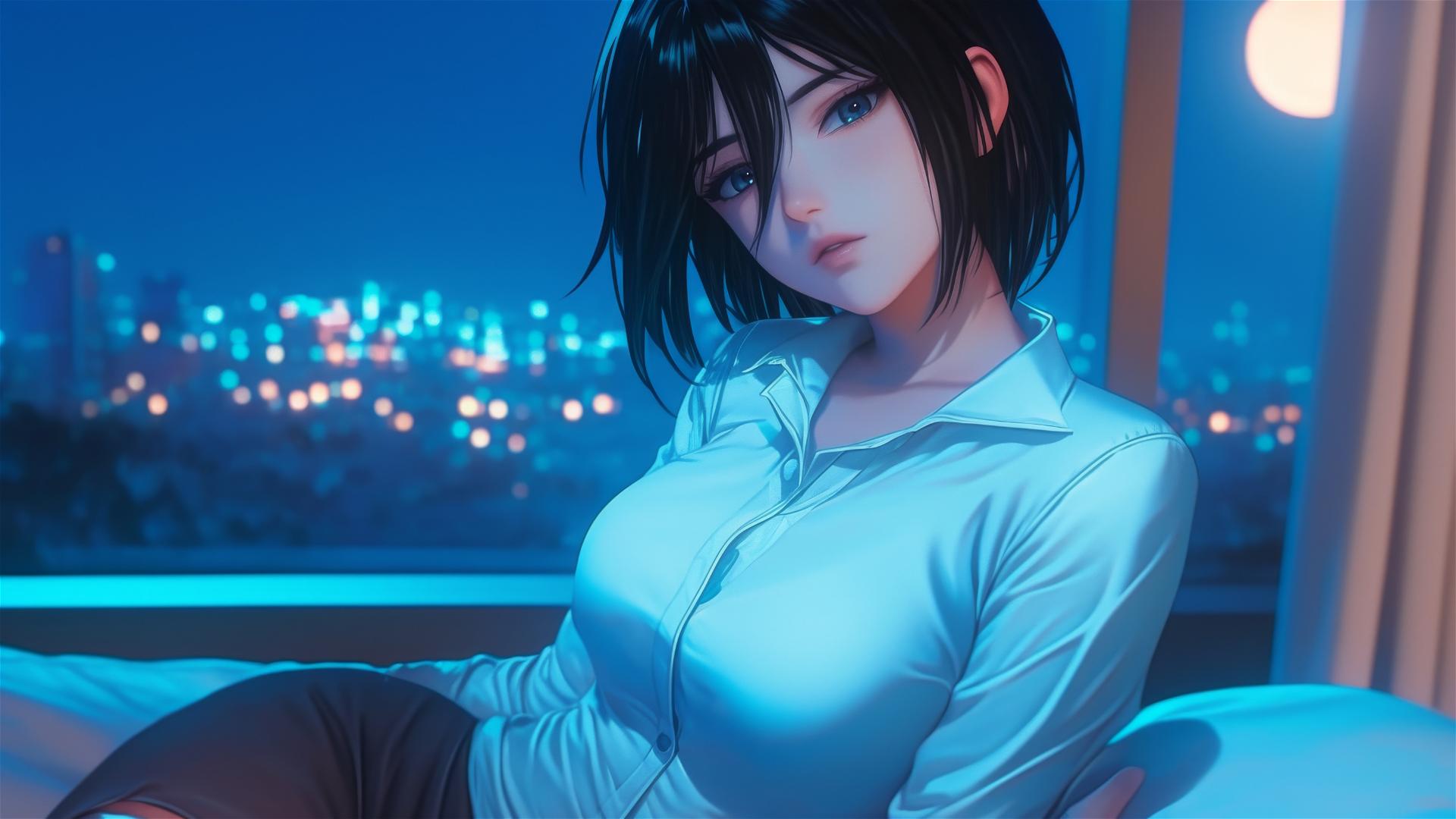 Mikasa Ackerman resting in a hotel room, moonlight illuminating her