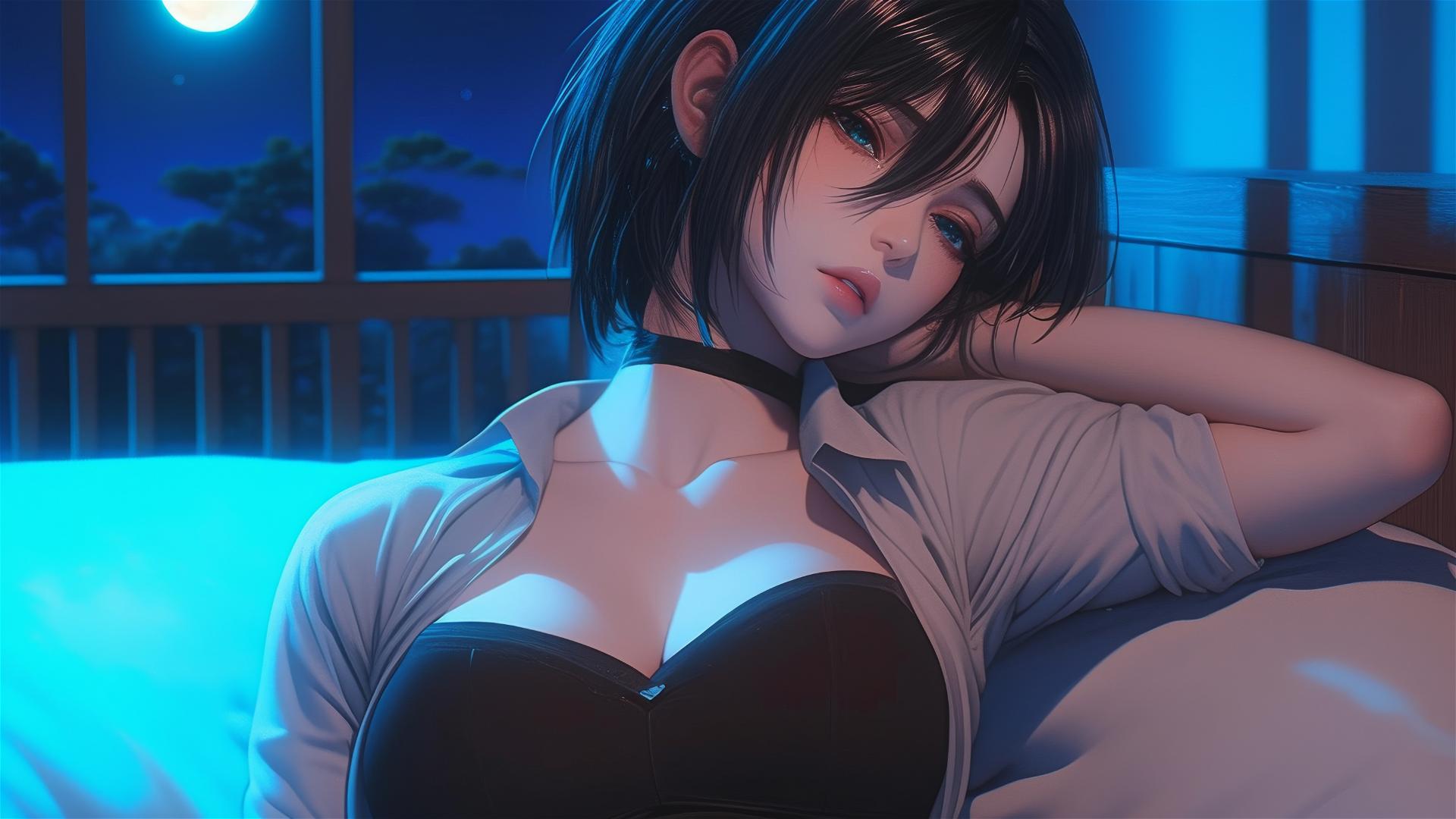 Mikasa Ackerman from Attack on Titan resting in a modern hotel room with moonlight.