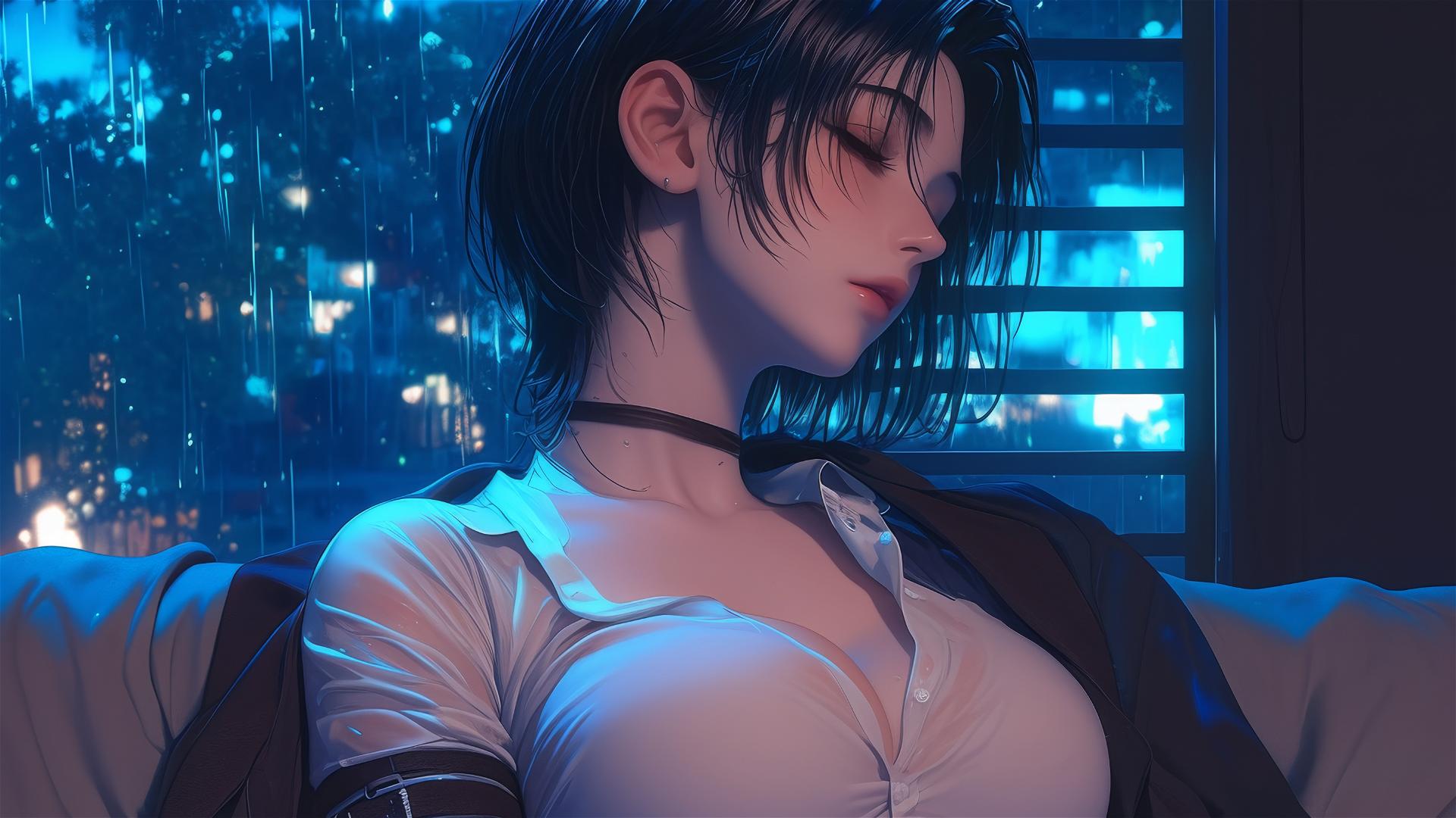 Mikasa Ackerman resting in a modern hotel room with moonlight and rain