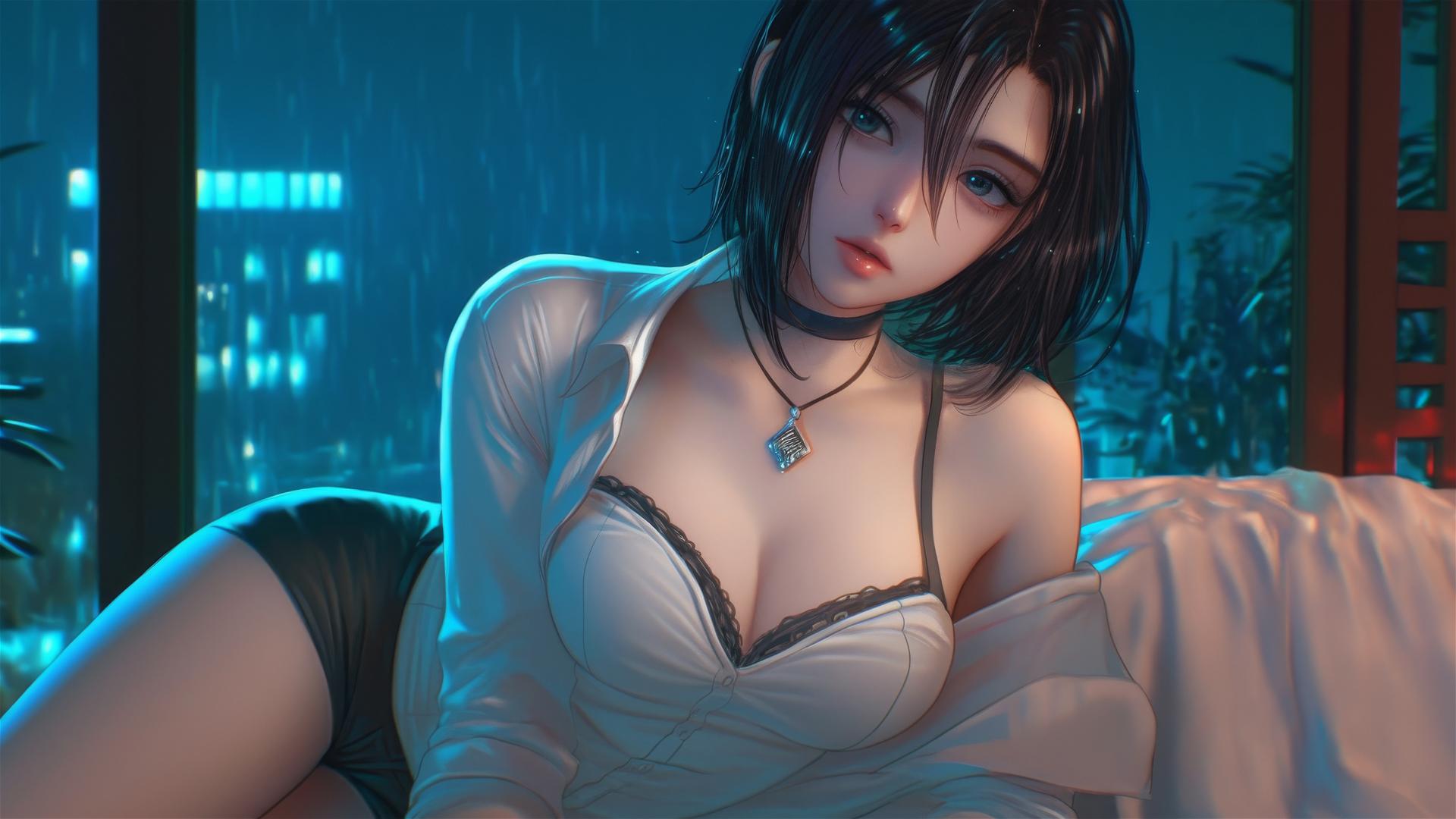 Mikasa Ackerman resting in a modern hotel room with moonlight and rain