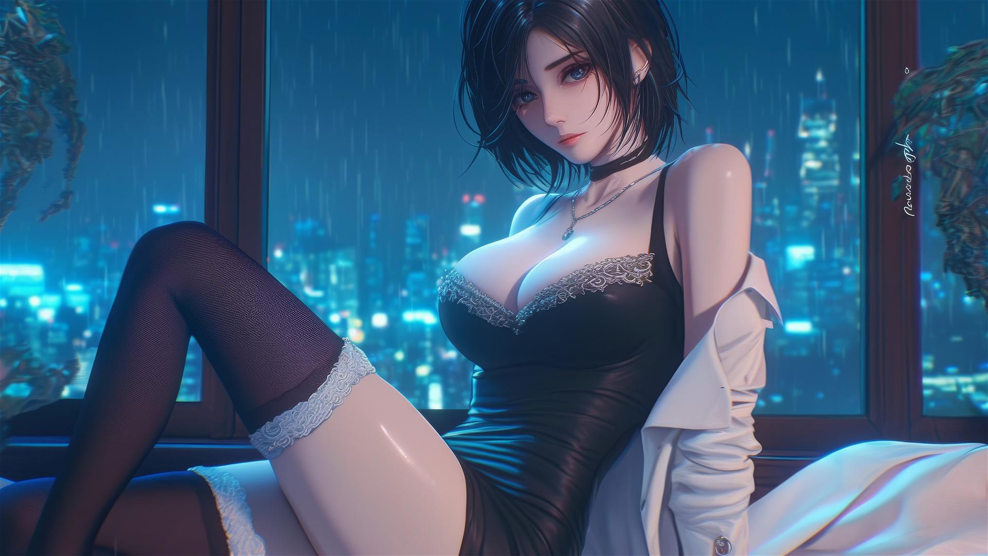 Mikasa Ackerman resting in modern hotel room with moonlight glow