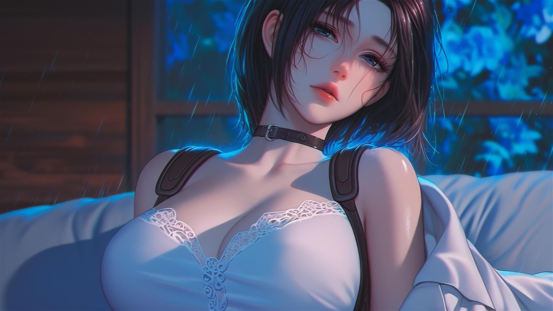 Mikasa Ackerman from Attack on Titan resting in a modern hotel room with moonlight and rain