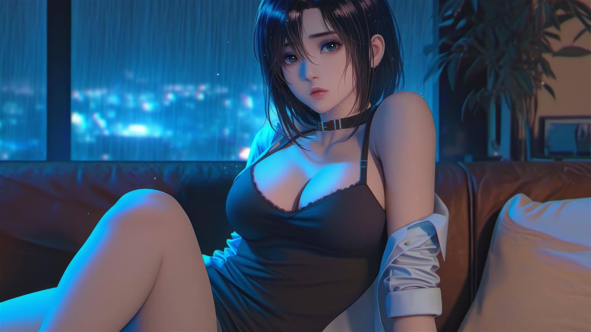Mikasa Ackerman resting in a modern hotel room under moonlight, rainy night