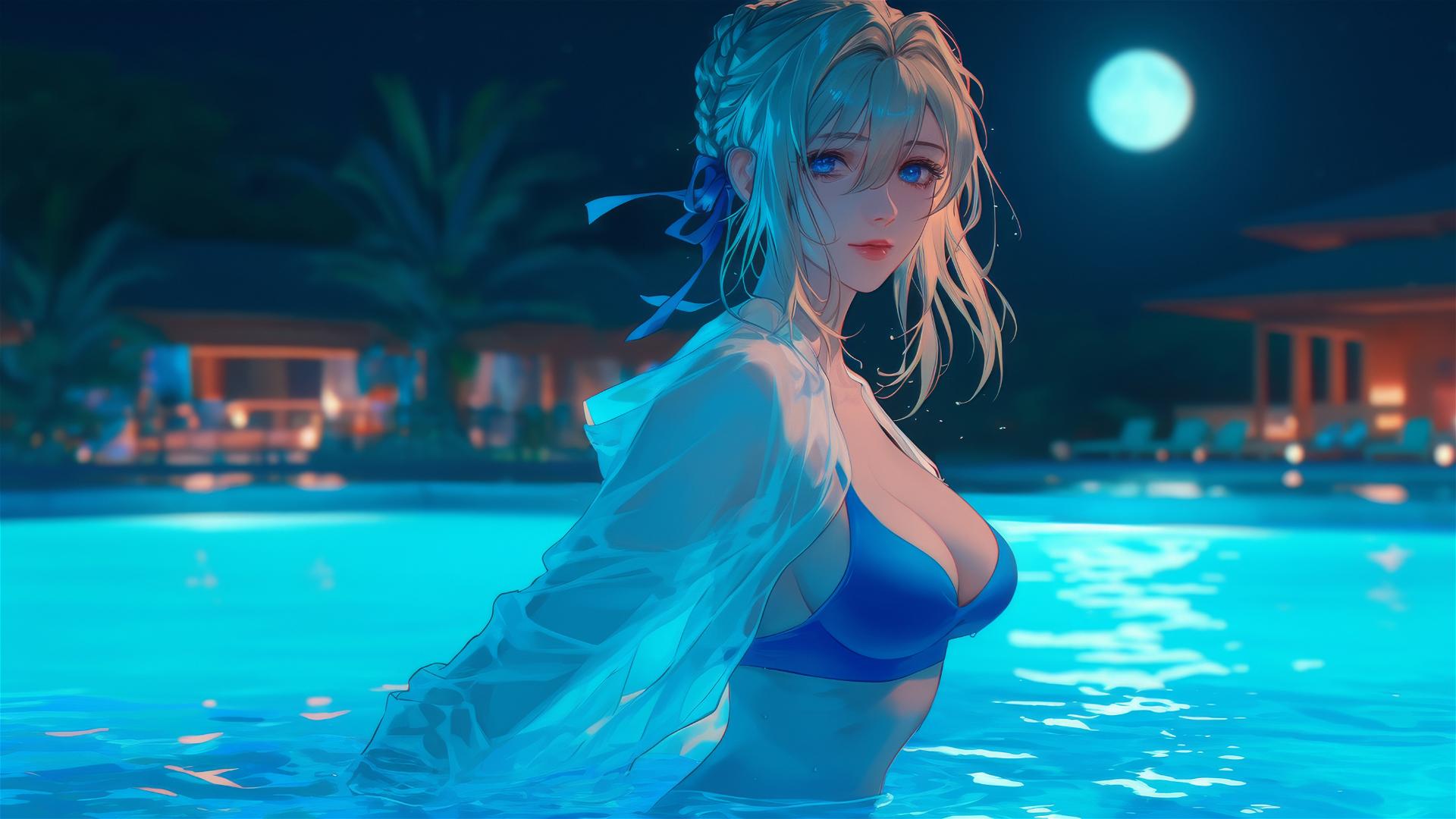 Violet Evergarden jumping out of a swimming pool under moonlight.