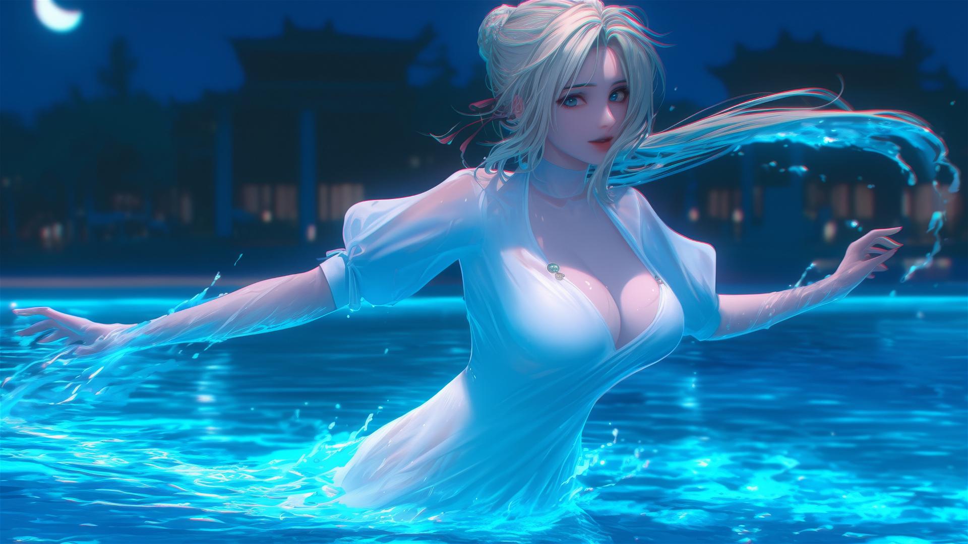 Violet Evergarden emerging from a pool under moonlight