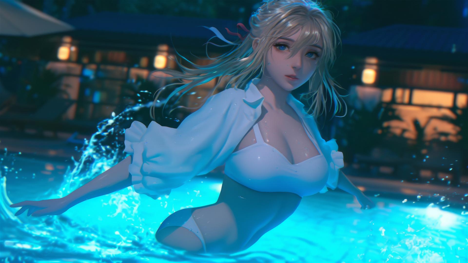 Violet Evergarden jumps out of a swimming pool under moonlight.