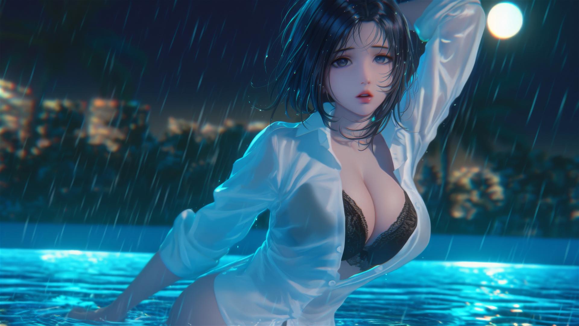 Mikasa Ackerman jumping out of a rainy swimming pool in a white office shirt under moonlight.