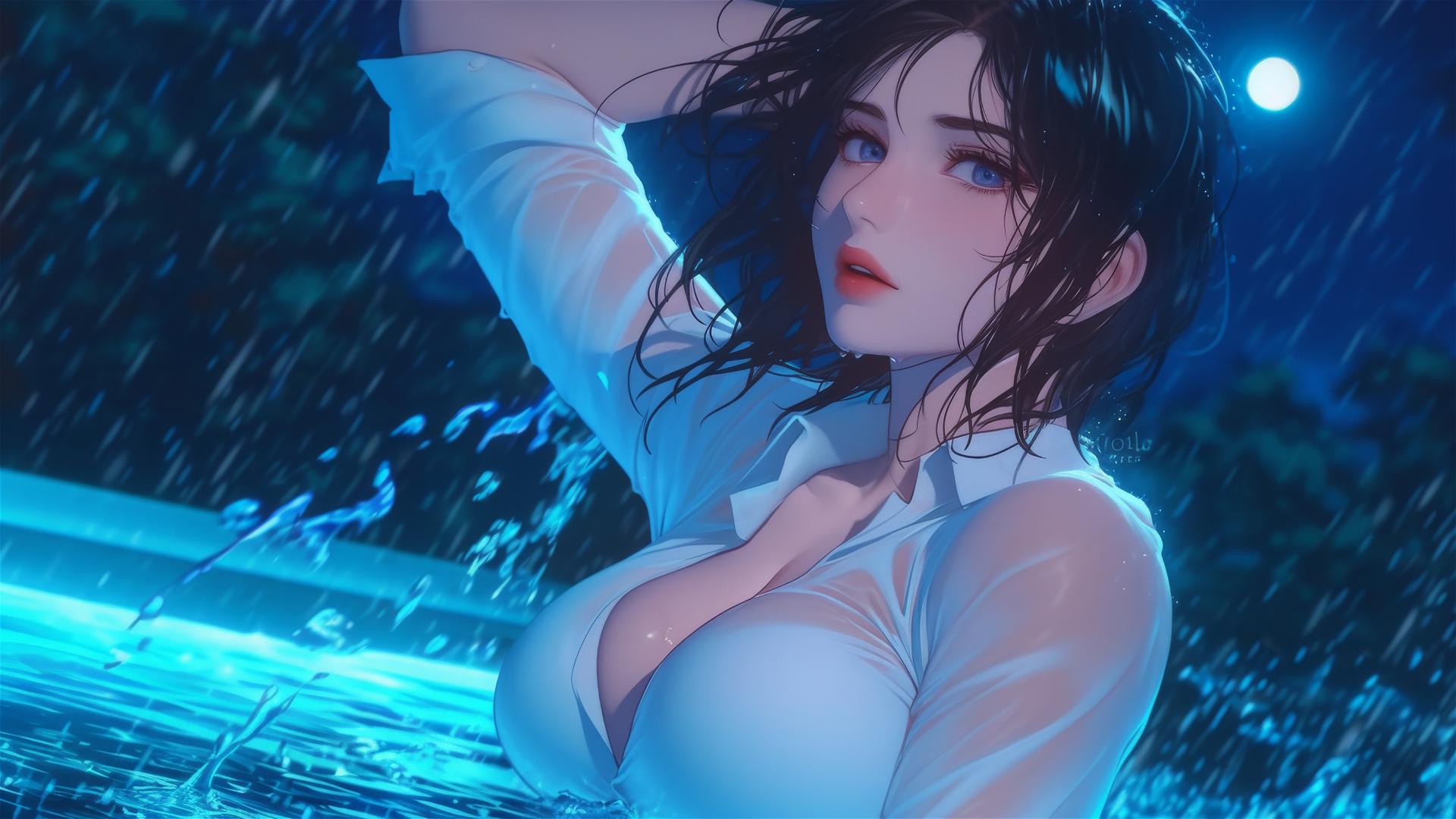 Mikasa Ackerman from Attack on Titan jumping out of a rainy swimming pool in a white office shirt under moonlight.