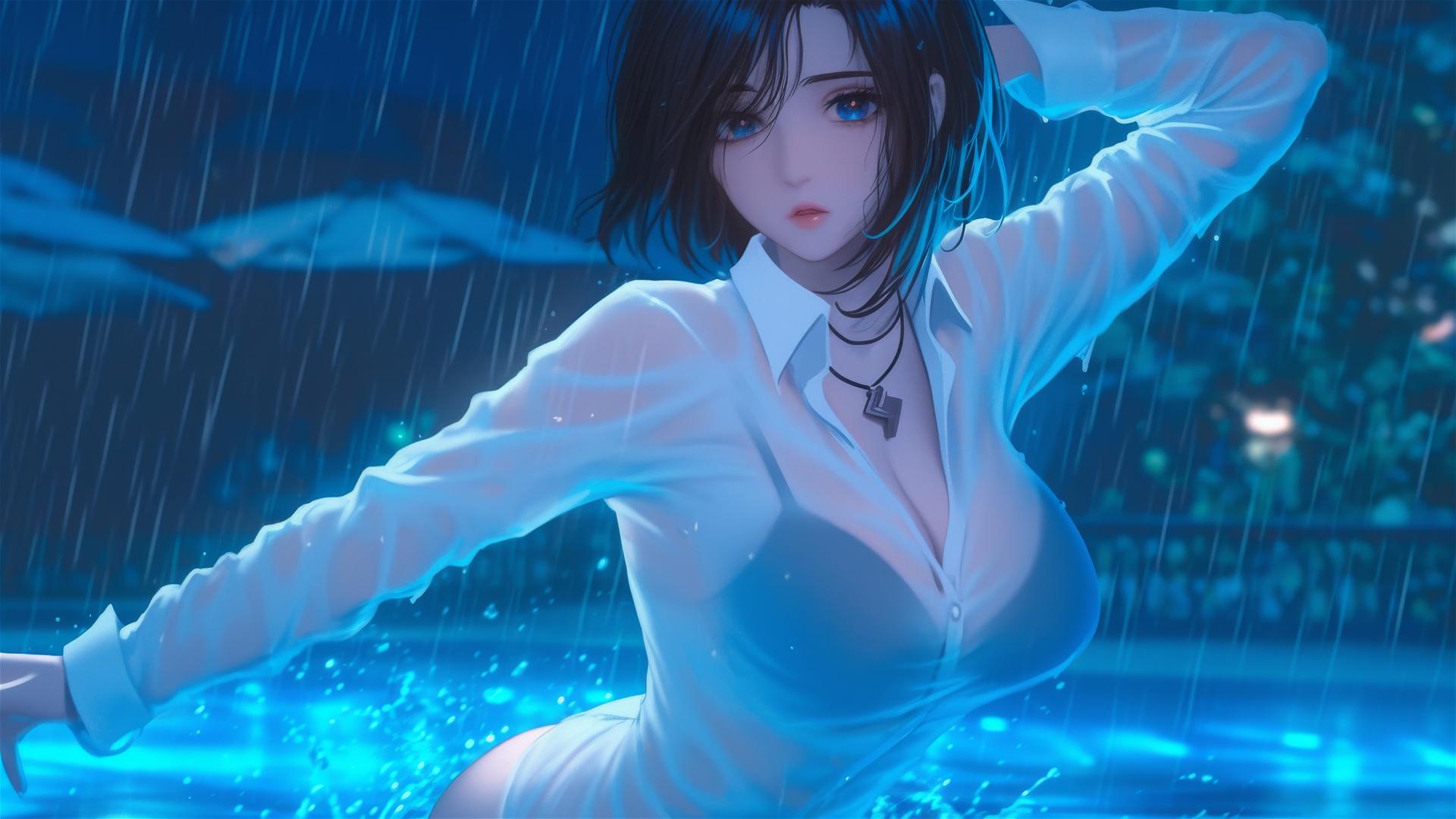 Mikasa Ackerman in white shirt leaps from a rainy pool under moonlight