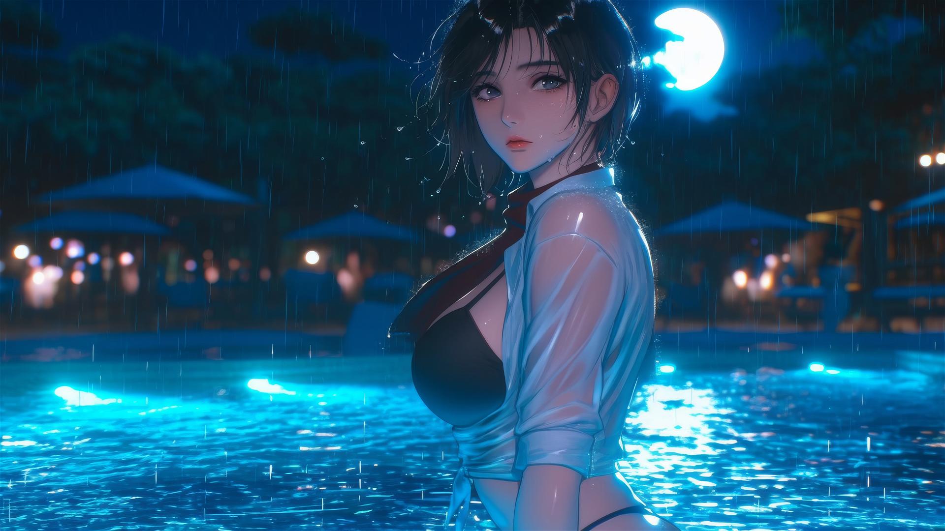 Mikasa Ackerman jumping out of a rainy swimming pool with moonlight