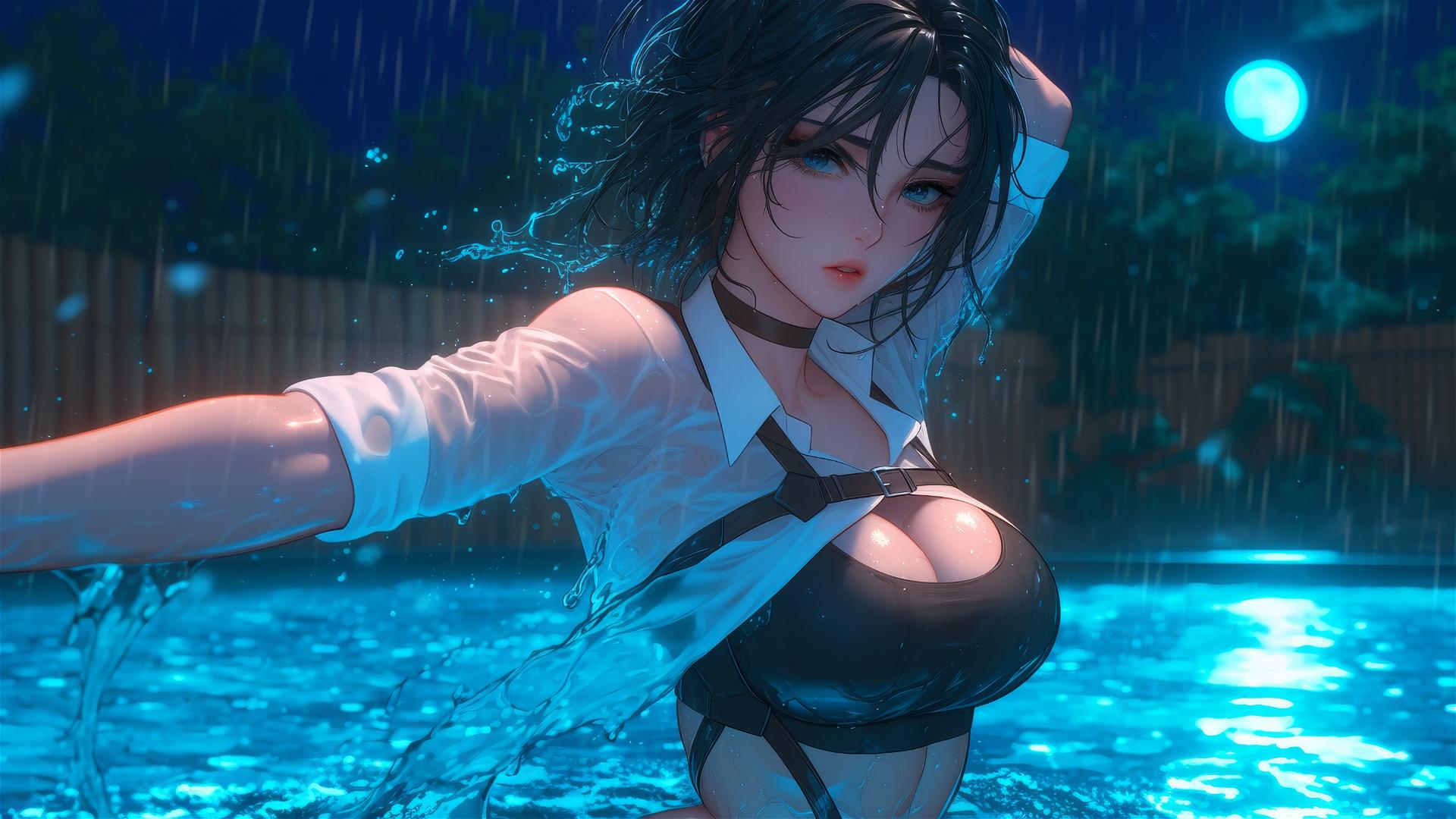 Mikasa Ackerman jumps out of a rainy swimming pool under moonlight