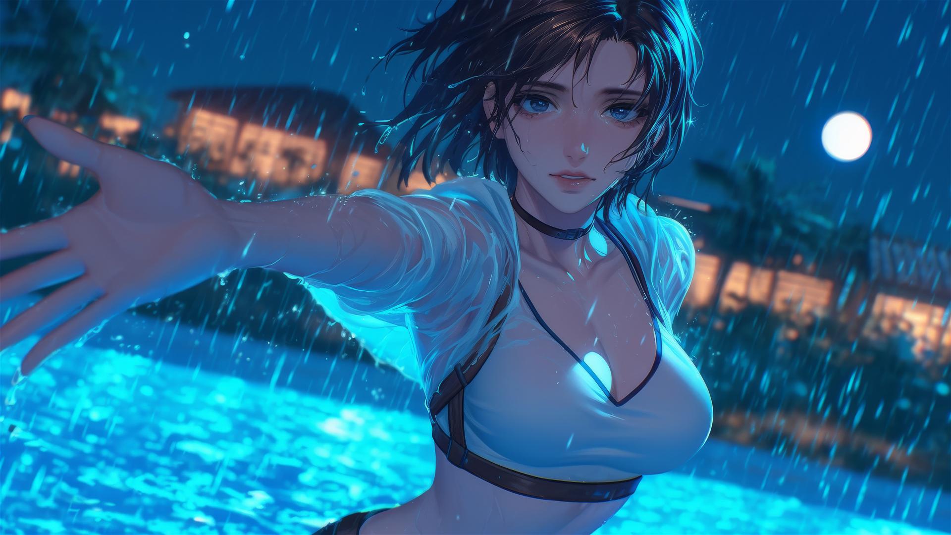 Mikasa Ackerman from Attack on Titan, short hair, jumps out of rainy pool under moonlight