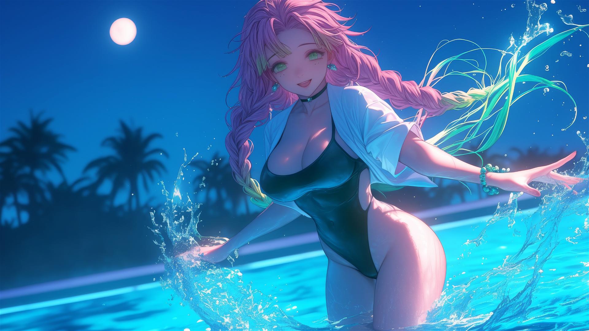 Mitsuri Kanroji from Demon Slayer jumping out of a swimming pool under moonlight.