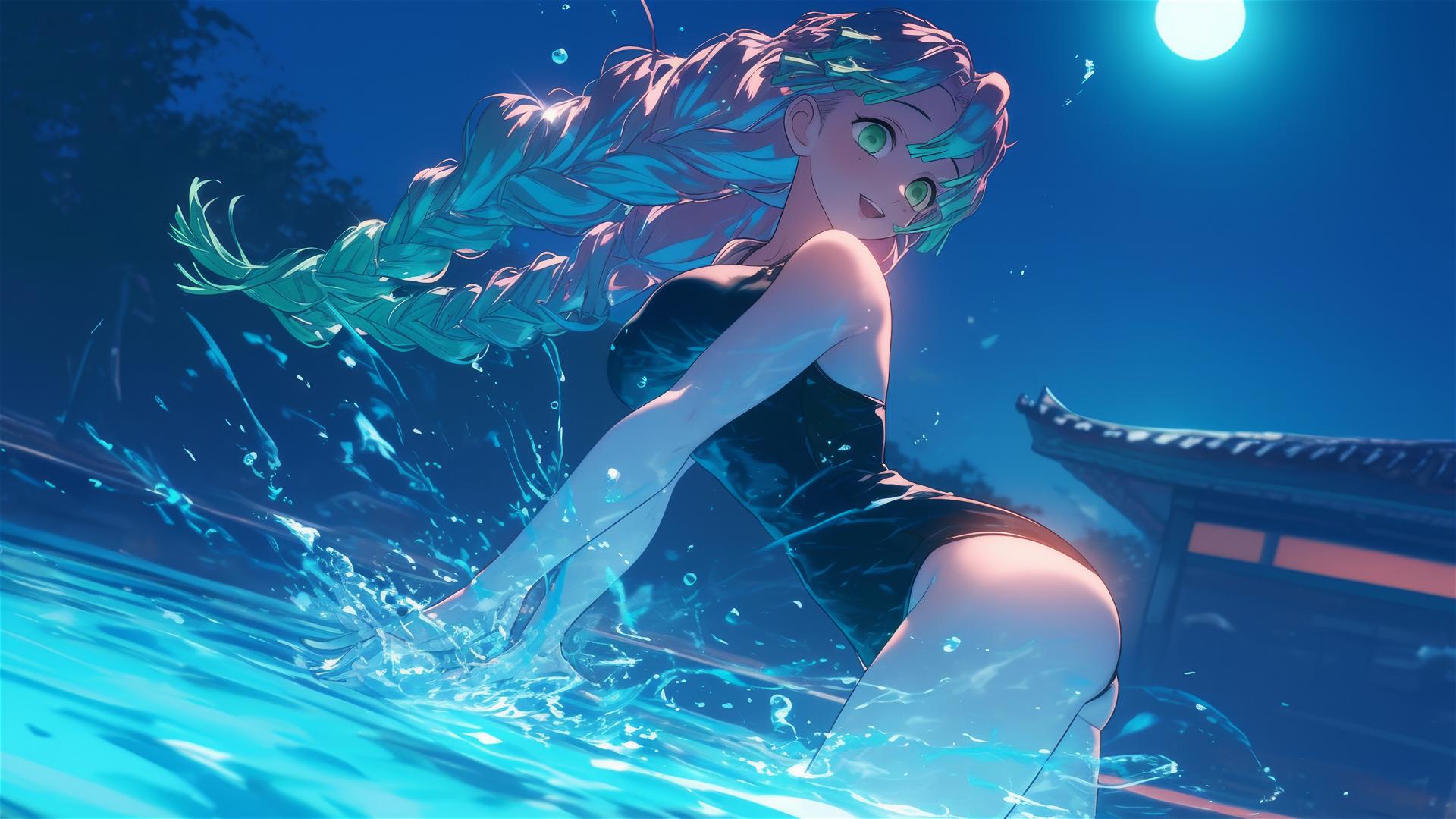 Mitsuri Kanroji from Demon Slayer jumps out of a swimming pool under moonlight.