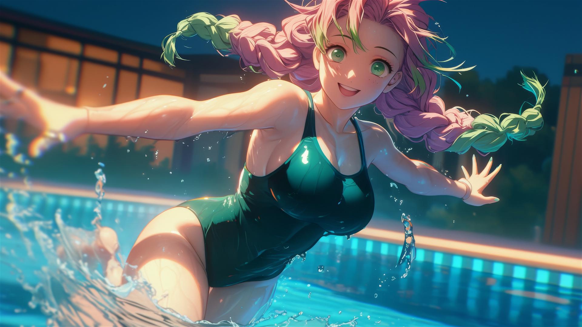 Mitsuri Kanroji from Demon Slayer, jumping from a pool under moonlight, pink and green hair