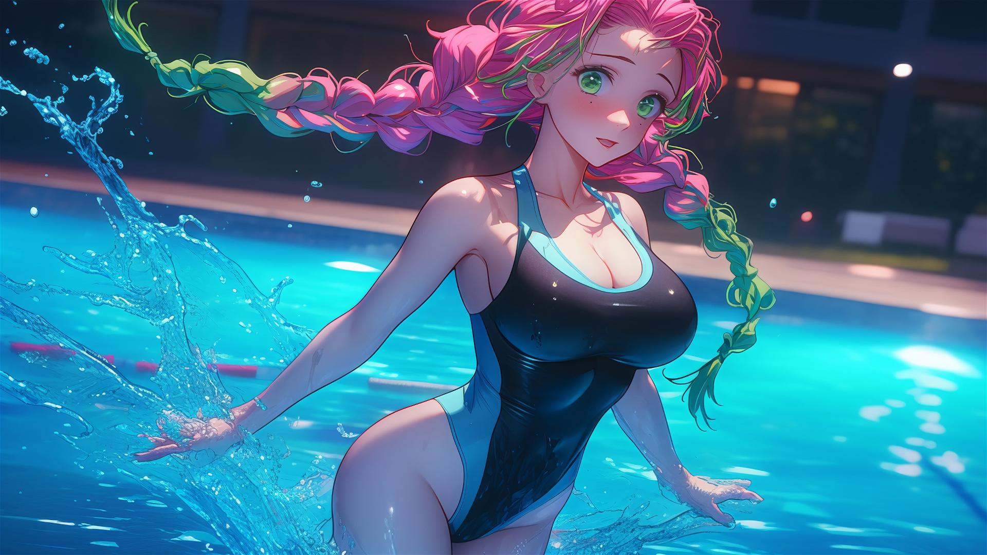 Mitsuri Kanroji from Demon Slayer jumping out of a swimming pool under moonlight