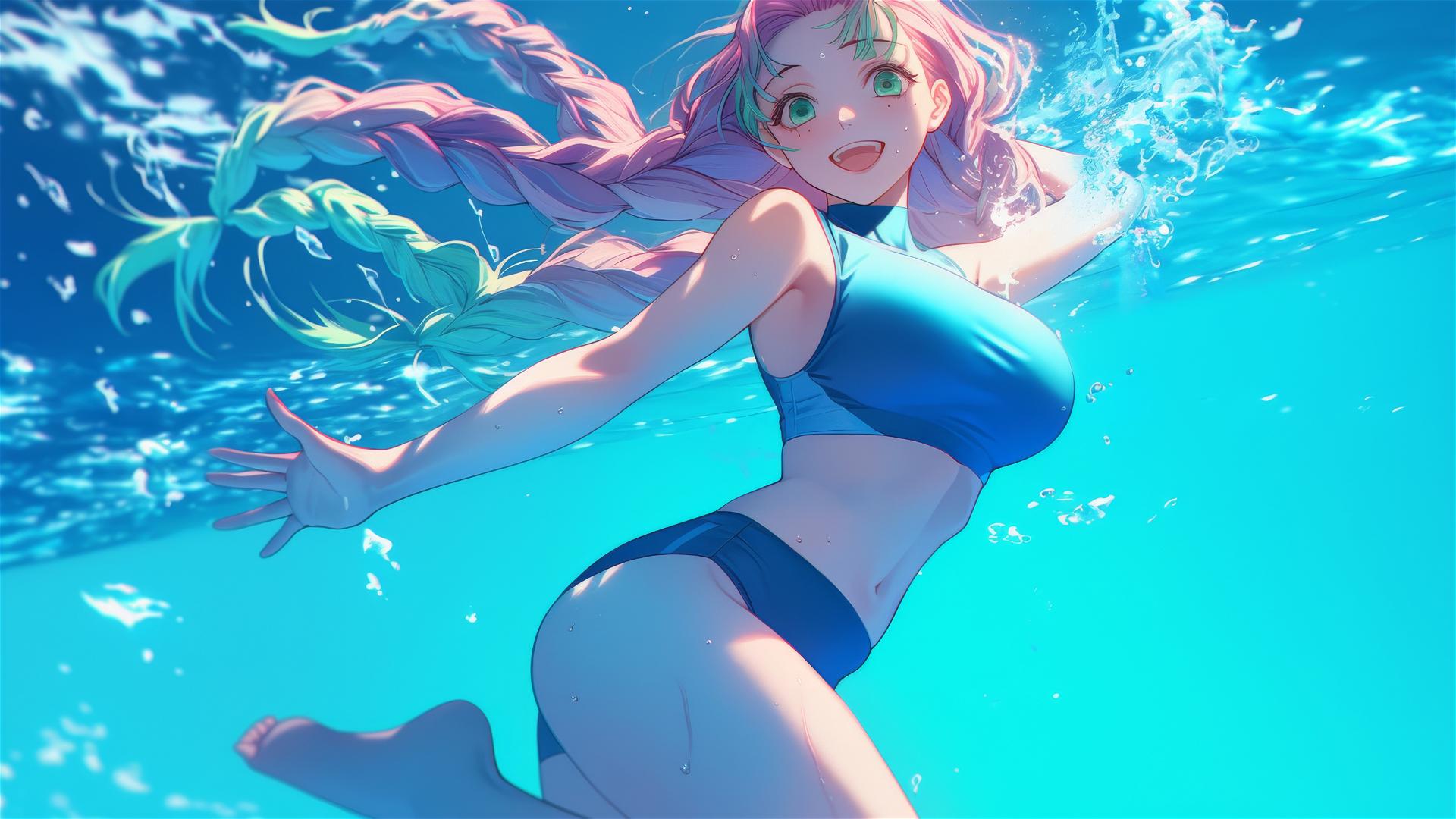 Mitsuri Kanroji from Demon Slayer jumping out of a swimming pool under moonlight, with light pink and lime green hair.