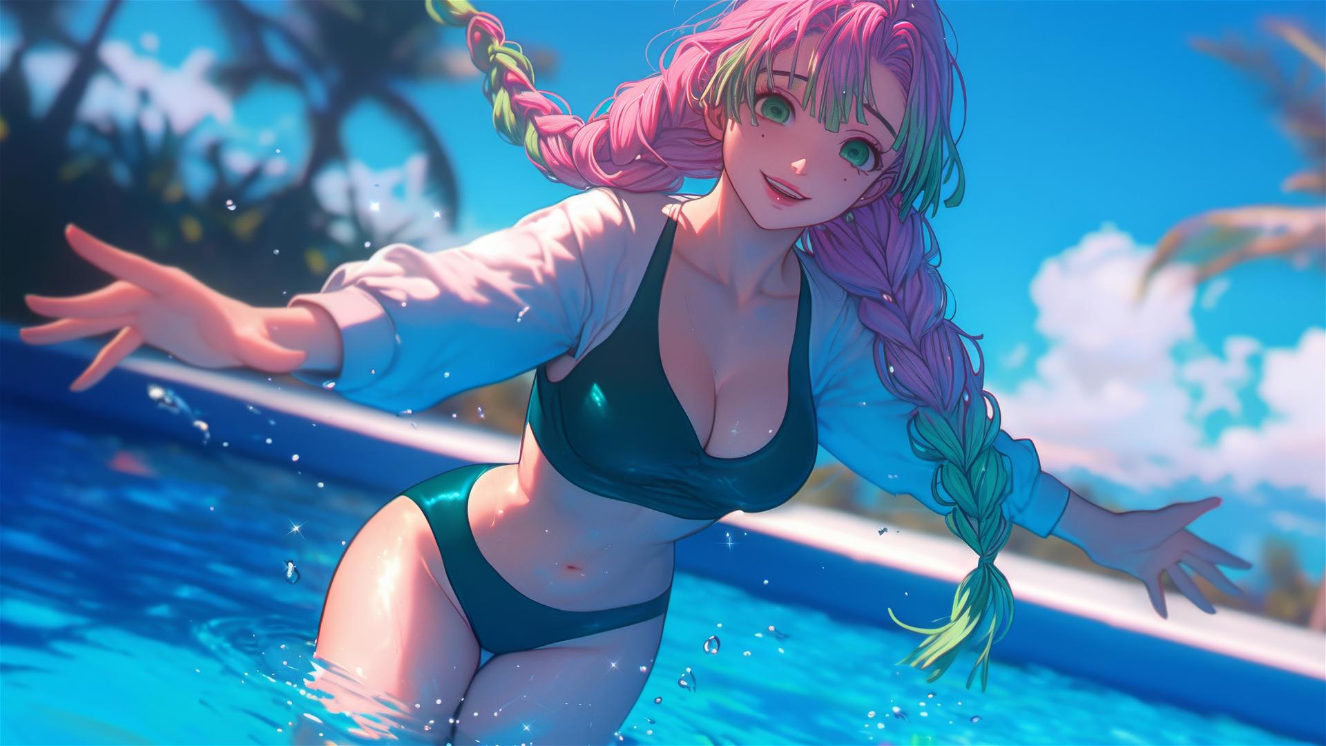 Mitsuri Kanroji from Demon Slayer, illuminated by moonlight, jumping out of a pool
