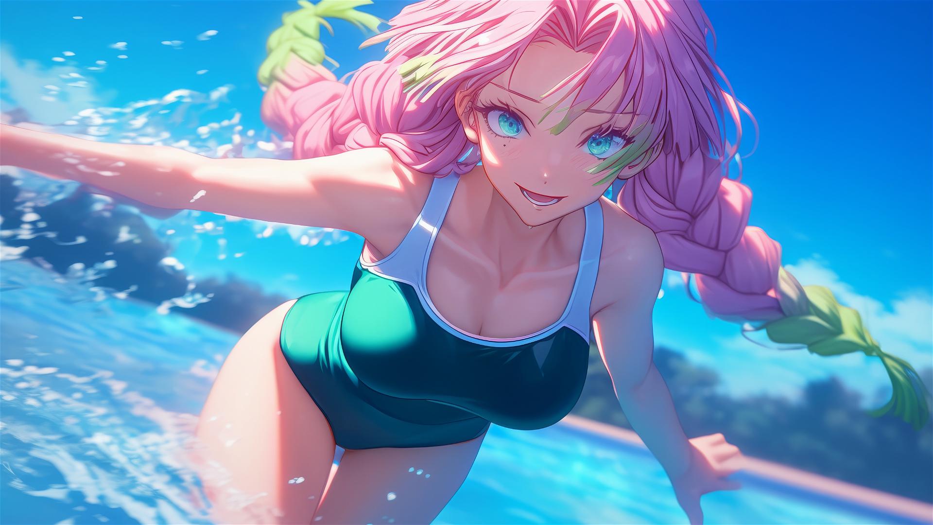 Mitsuri Kanroji jumping out of a swimming pool under moonlight with light pink to lime green hair.