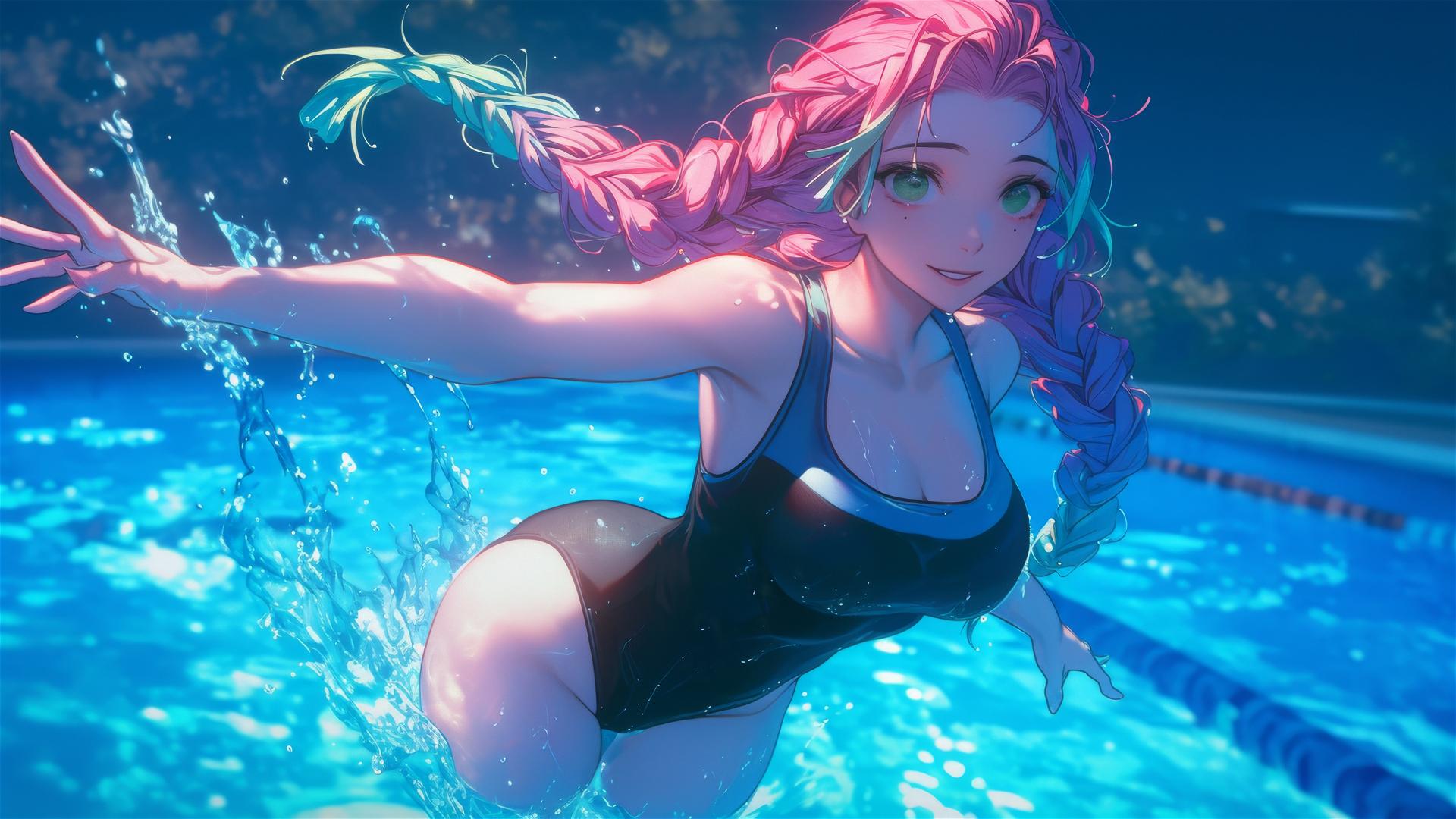 Mitsuri Kanroji from Demon Slayer jumping out of a swimming pool under moonlight