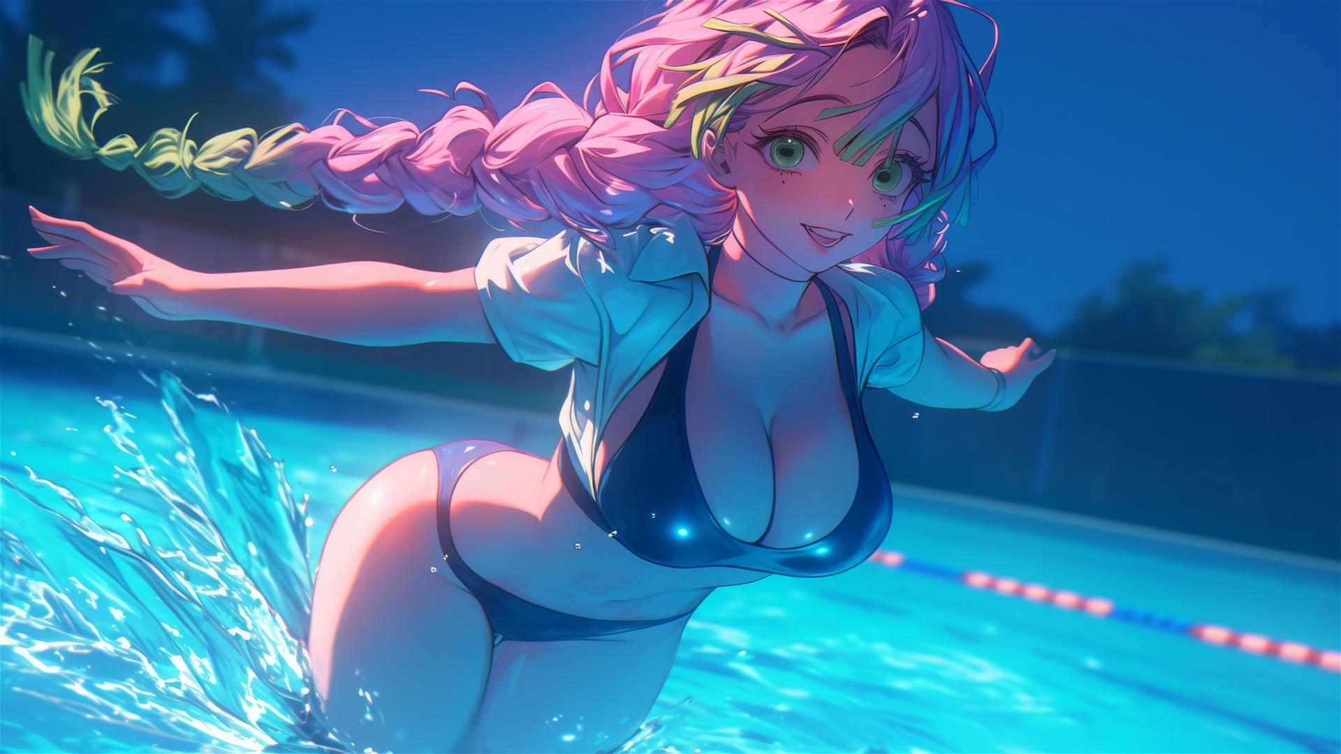 Mitsuri Kanroji jumping from a pool under moonlight, pink and green hair