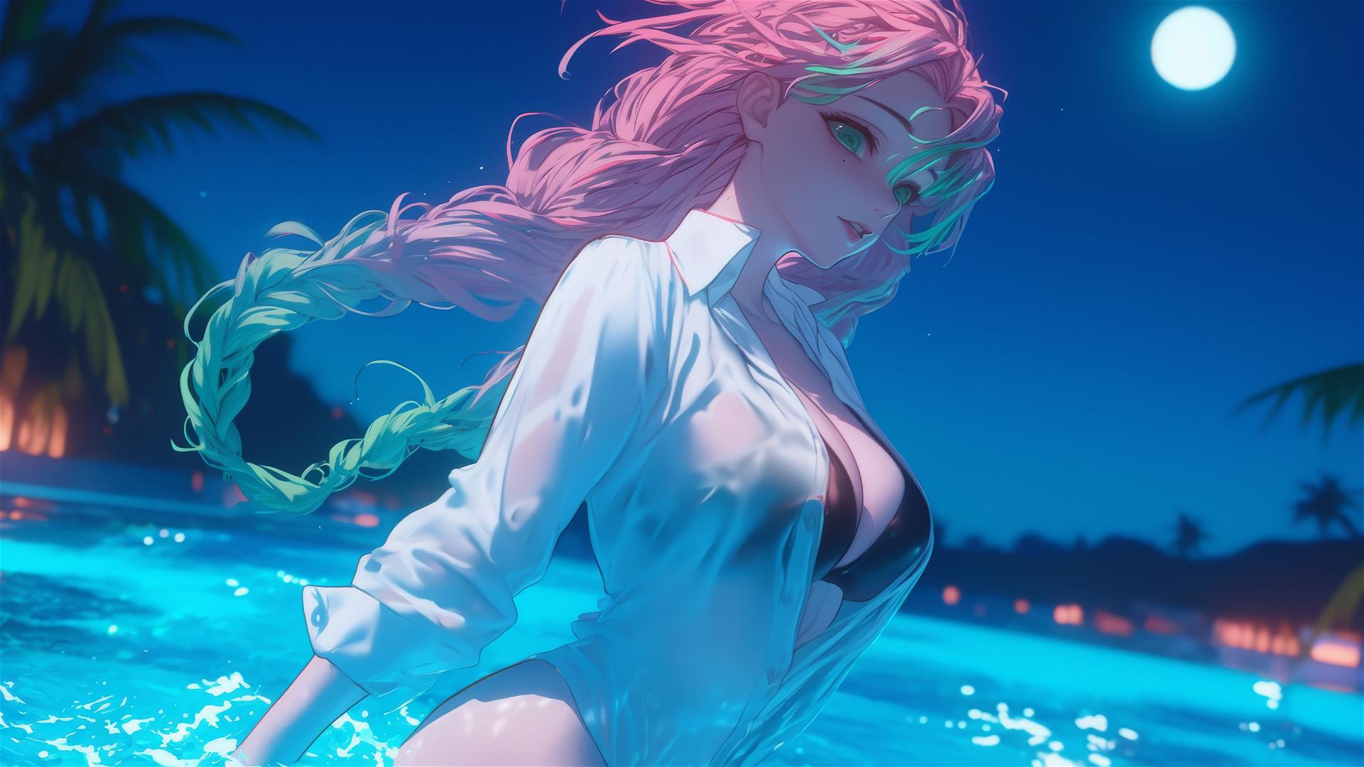 Mitsuri Kanroji leaping from a pool under moonlight, with pink to green hair