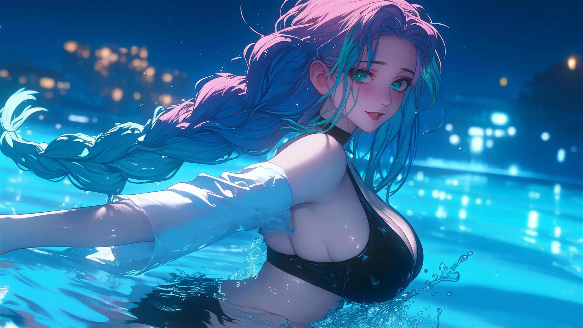 Mitsuri Kanroji from Demon Slayer, moonlit figure after pool jump, with fading pink to green hair.