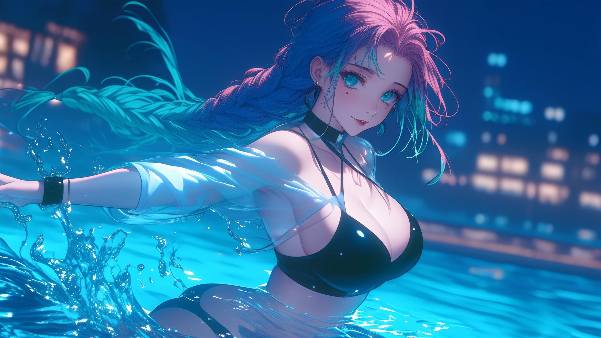 Mitsuri Kanroji from Demon Slayer, jumping out of swimming pool under moonlight