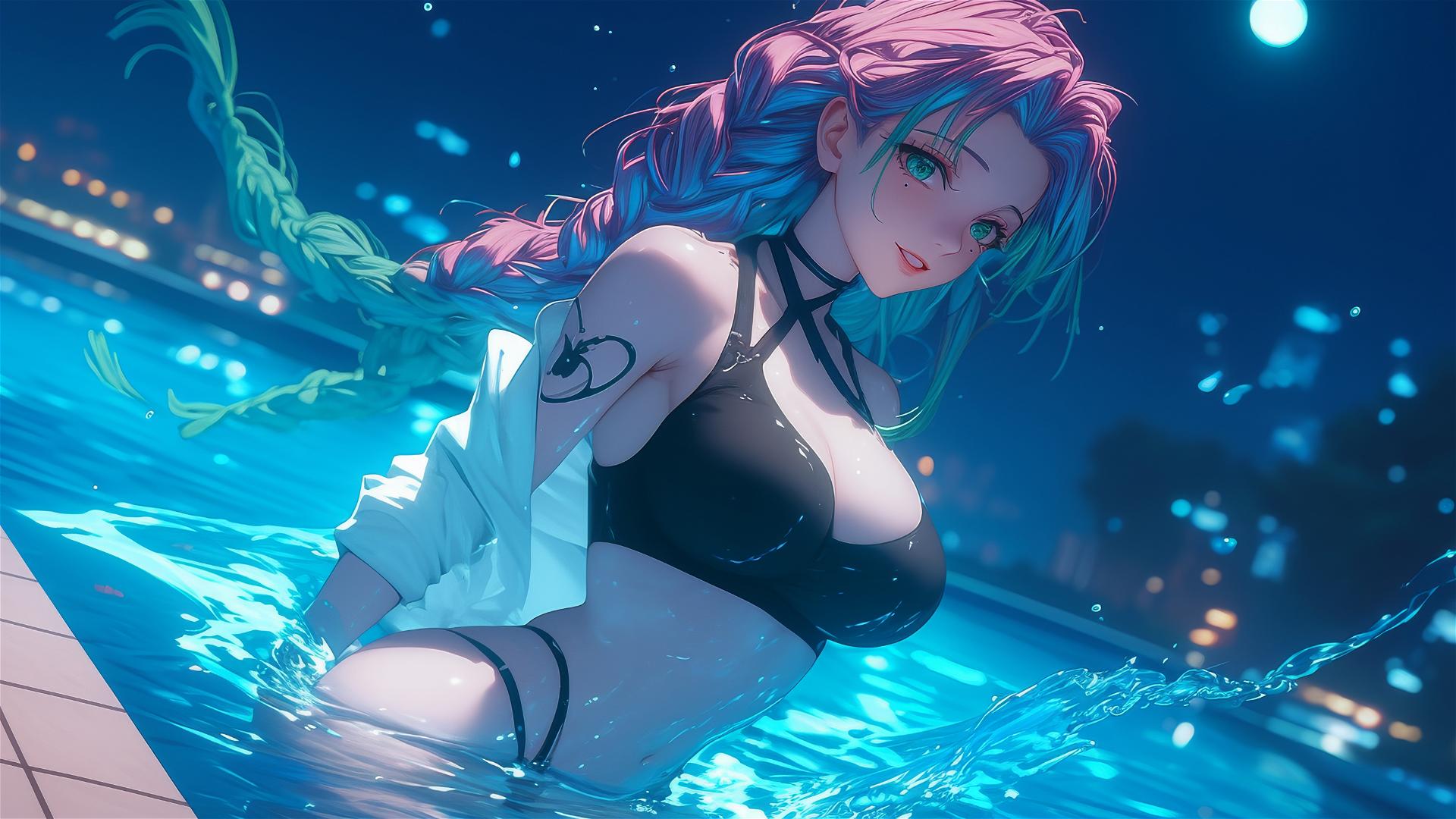 Mitsuri Kanroji jumping out of a swimming pool under moonlight with pink-to-lime green hair.