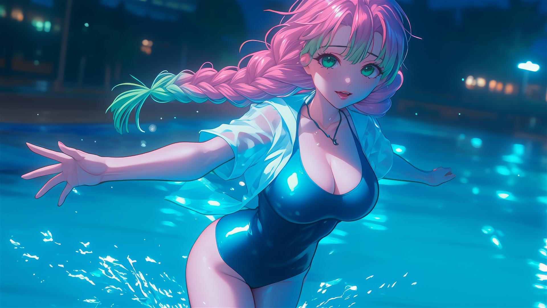 Mitsuri Kanroji from Demon Slayer jumping, moonlit pool, pink to green hair