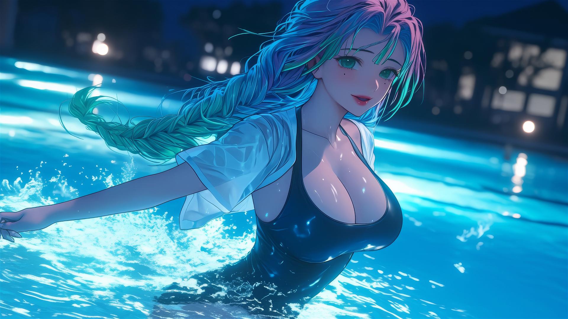 Mitsuri Kanroji from Demon Slayer jumping out of a swimming pool under moonlight