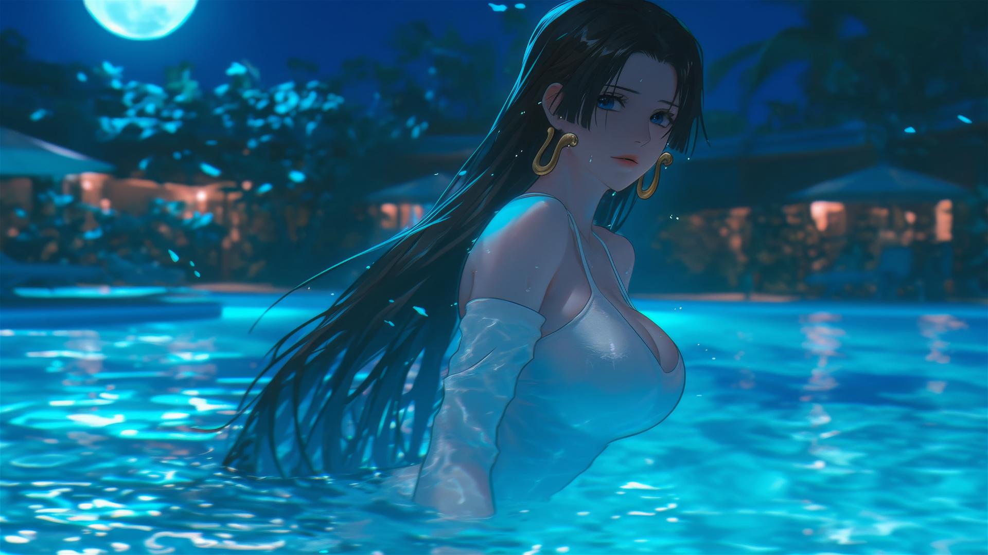Boa Hancock from One Piece jumping high out of a swimming pool under moonlight