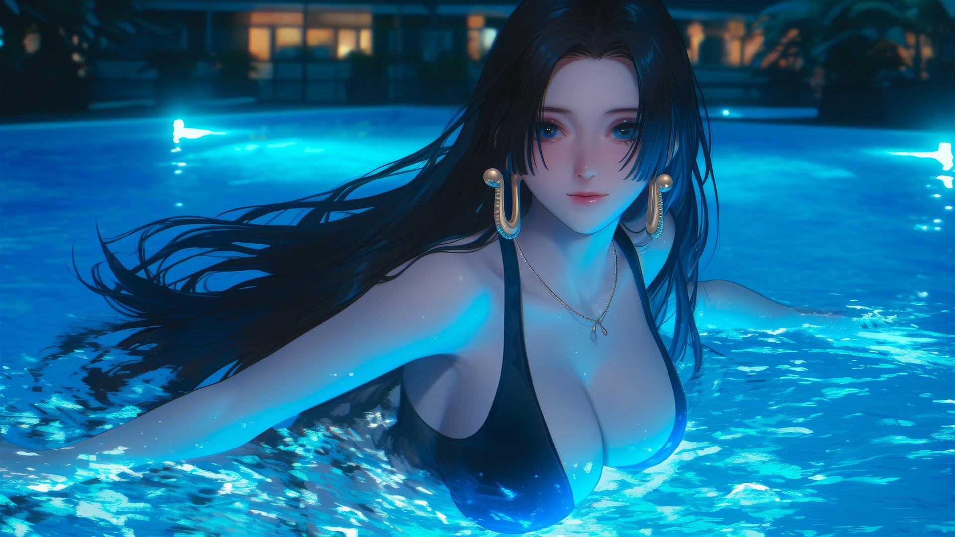 Boa Hancock from One Piece jumping out of a swimming pool under moonlight.