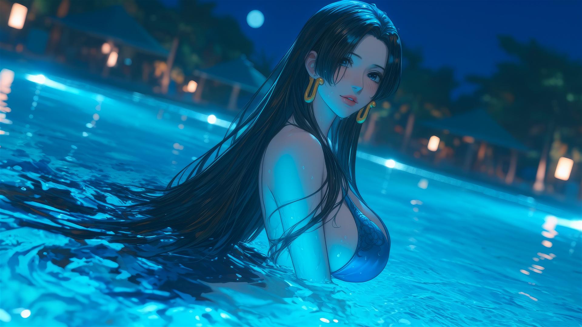 Boa Hancock from One Piece jumping from a pool under moonlight