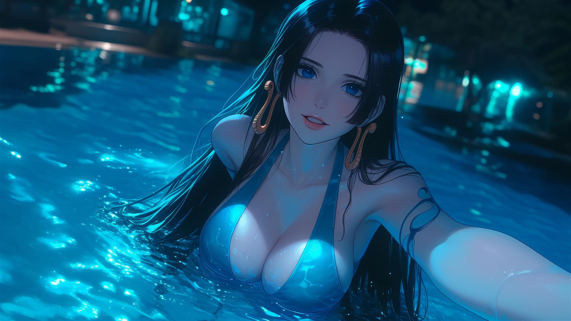 Boa Hancock from One Piece jumping out of a swimming pool under moonlight