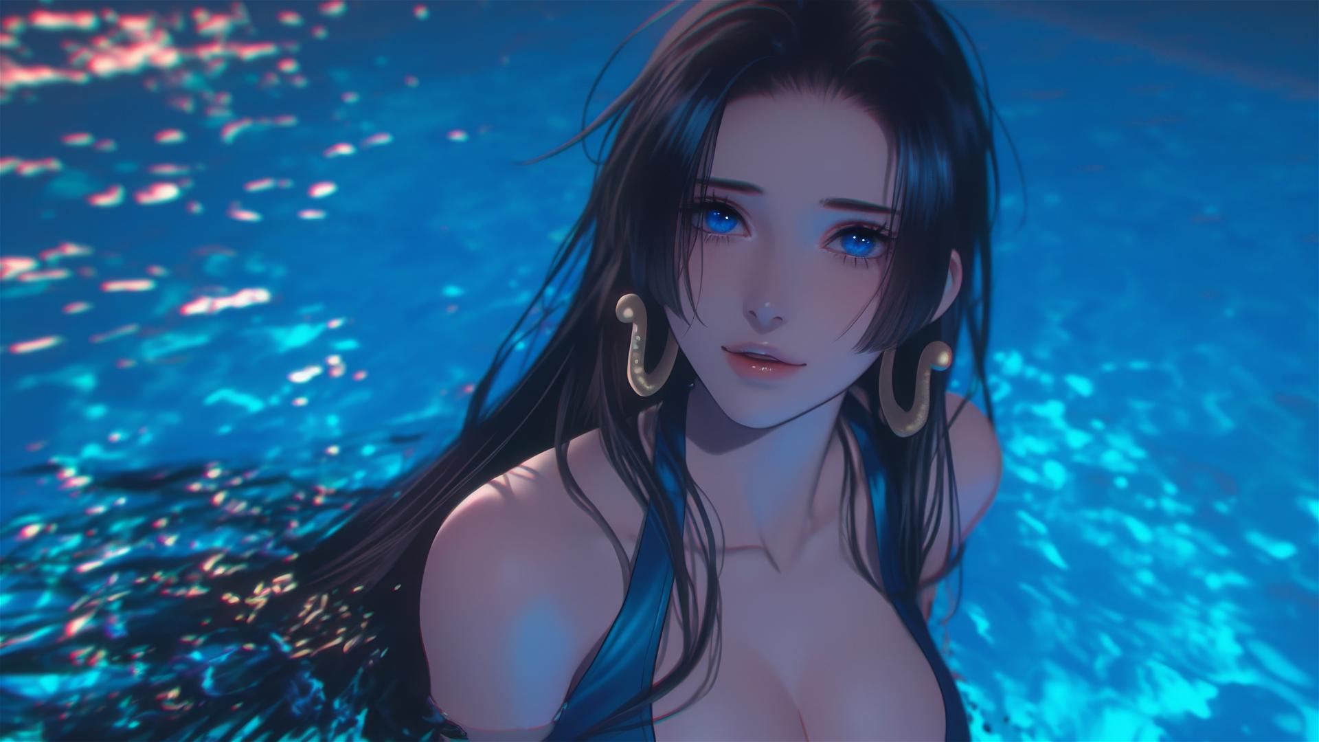 Boa Hancock from One Piece, jumping out of a pool under moonlight