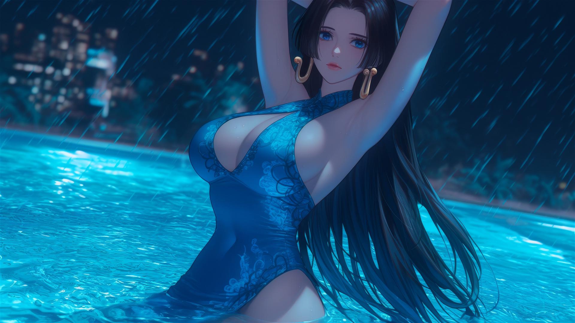 Boa Hancock from One Piece jumping high out of a swimming pool under moonlight.