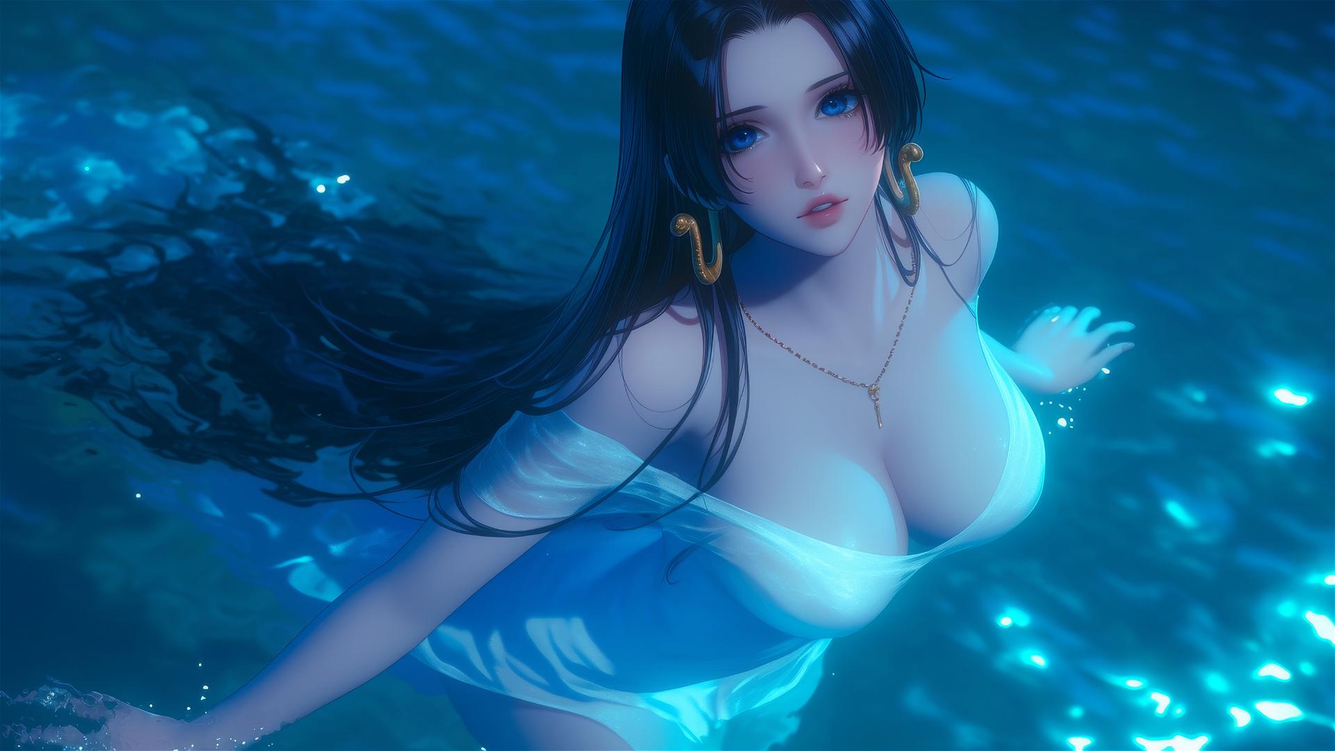 Boa Hancock from One Piece jumps out of a pool under moonlight
