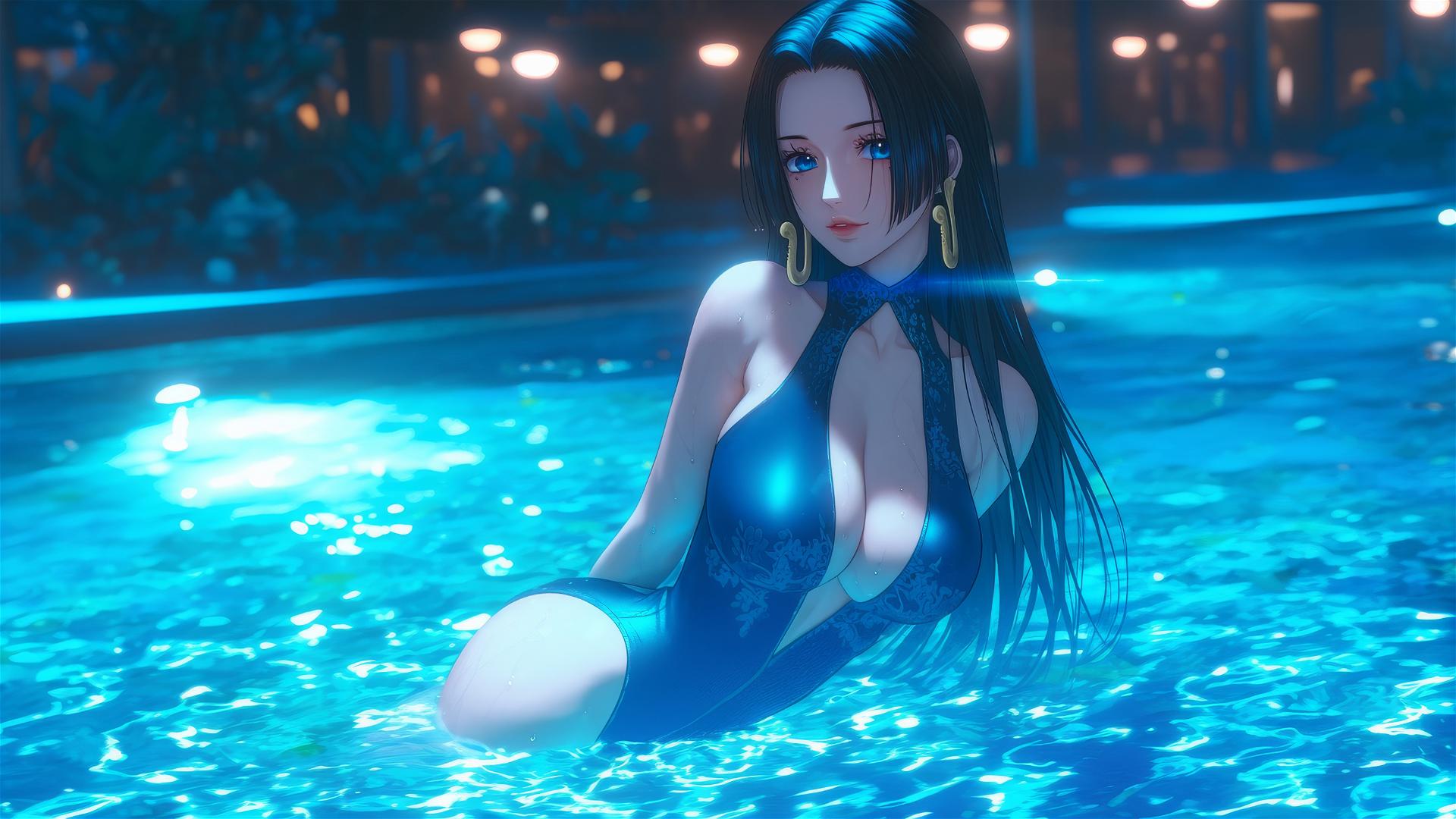 Boa Hancock jumping from pool under moonlight